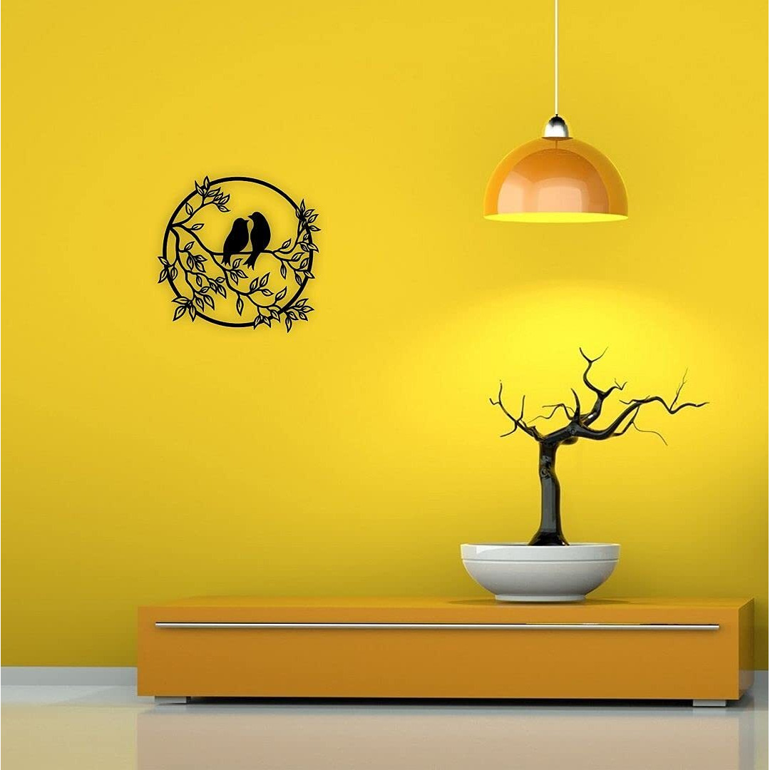 Cvanu Beautiful Birds On Branch In Circle Mdf Wooden Wall Hanging Black Color(Cv-04)