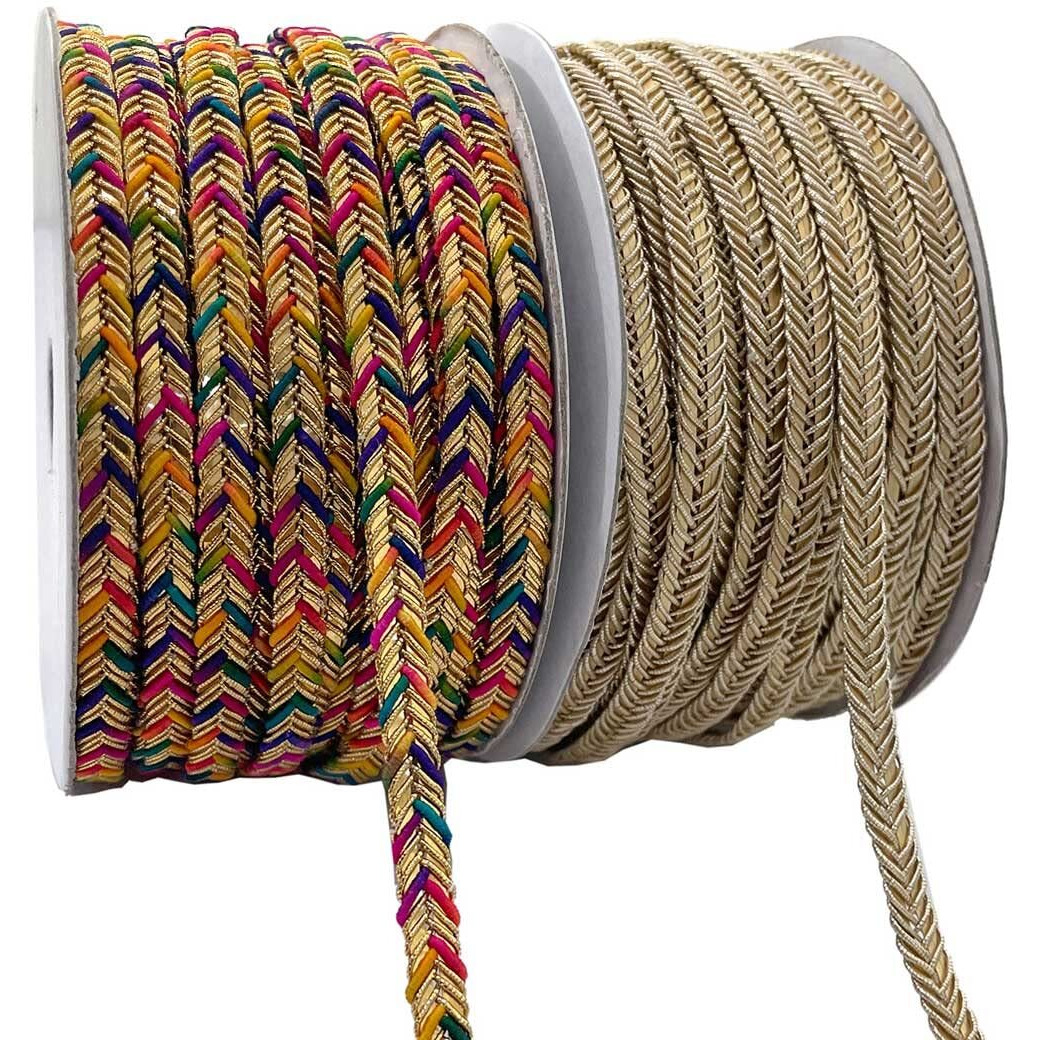 Embroiderymaterial Zari Trim Laces And Borders Material For Saree, Dupatta, Blouse, Kurti & Other Dresses (2 Rolls, 1Roll/Color, 17 Meters/Roll, Multicolor & Beige Gold)