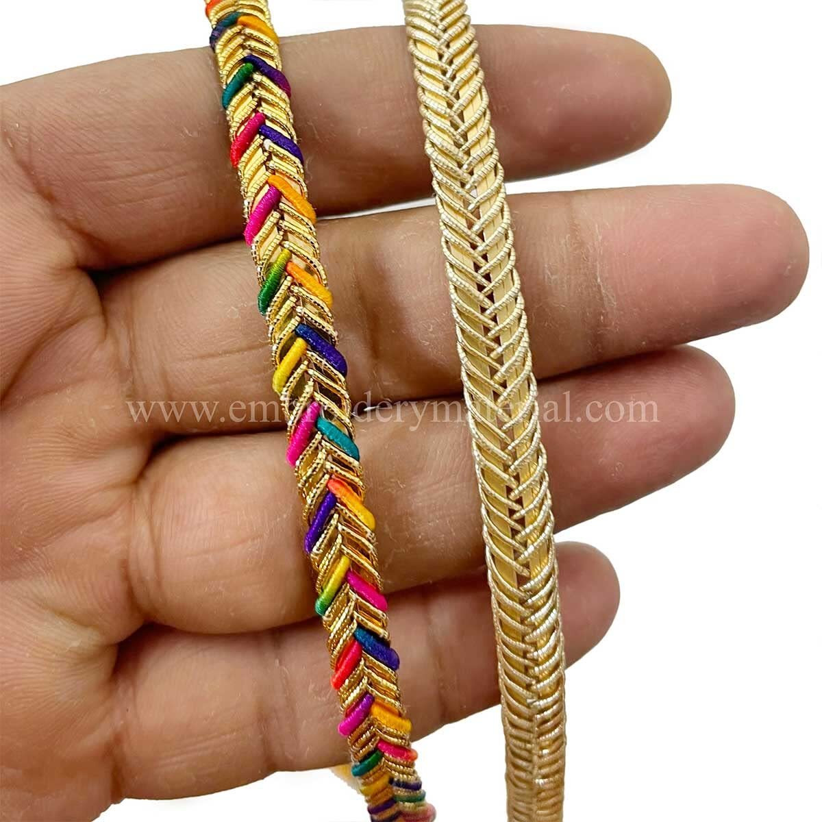 Embroiderymaterial Zari Trim Laces And Borders Material For Saree, Dupatta, Blouse, Kurti & Other Dresses (2 Rolls, 1Roll/Color, 17 Meters/Roll, Multicolor & Beige Gold)