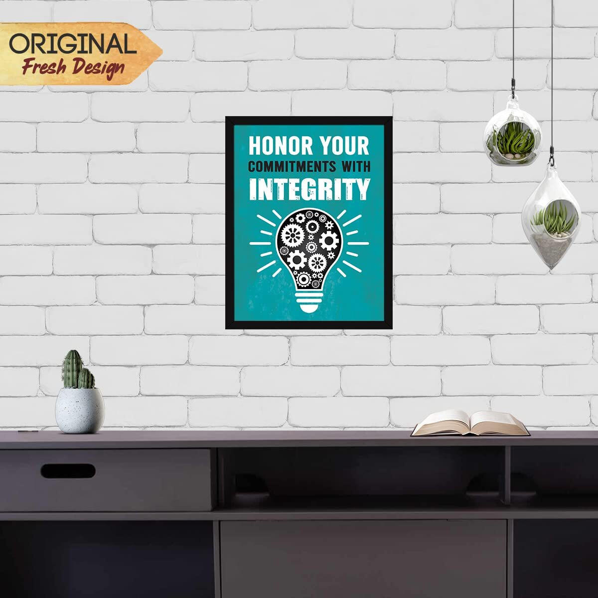 Chaka Chaundh - Motivational Quotes Frames - Framed Posters - Work Performance Quotes Frames For Office, Student, Entrepreneur - Quotes Wall Frames - Posters With Frame (Commitments With Integrity - Cyan)