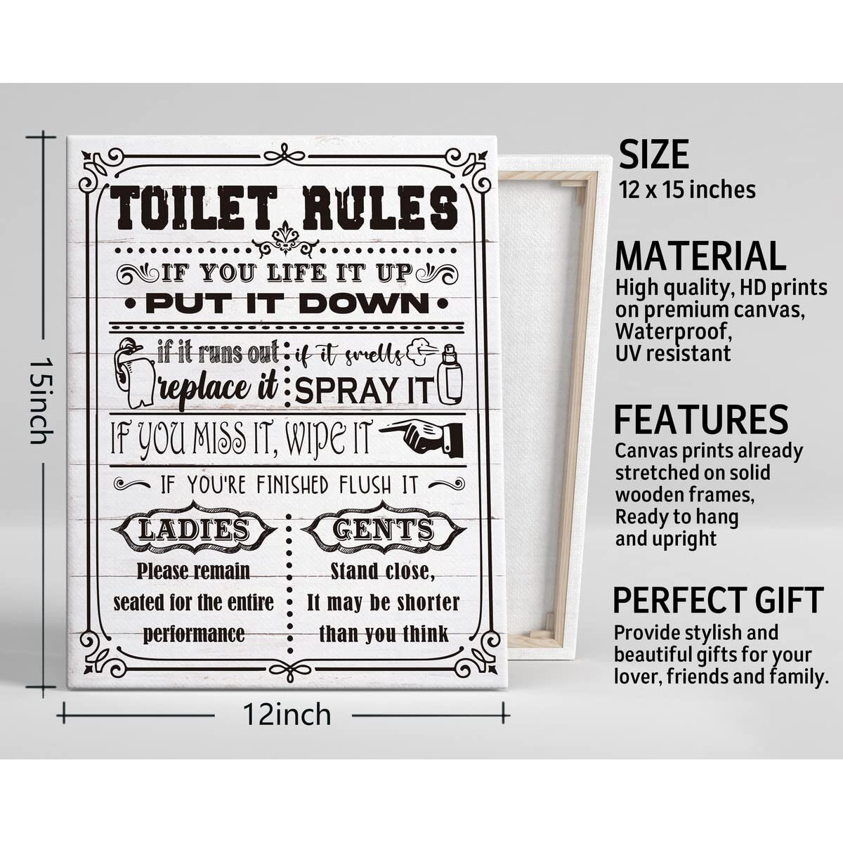 Bathroom Funny Canvas Wall Art Rustic Toilet Rules Prints Signs, Canvas Prints Poster Wall Art For Bathroom Laundry Room Decor, Print Hd Picture Artwork Home Decor, Size 12X15