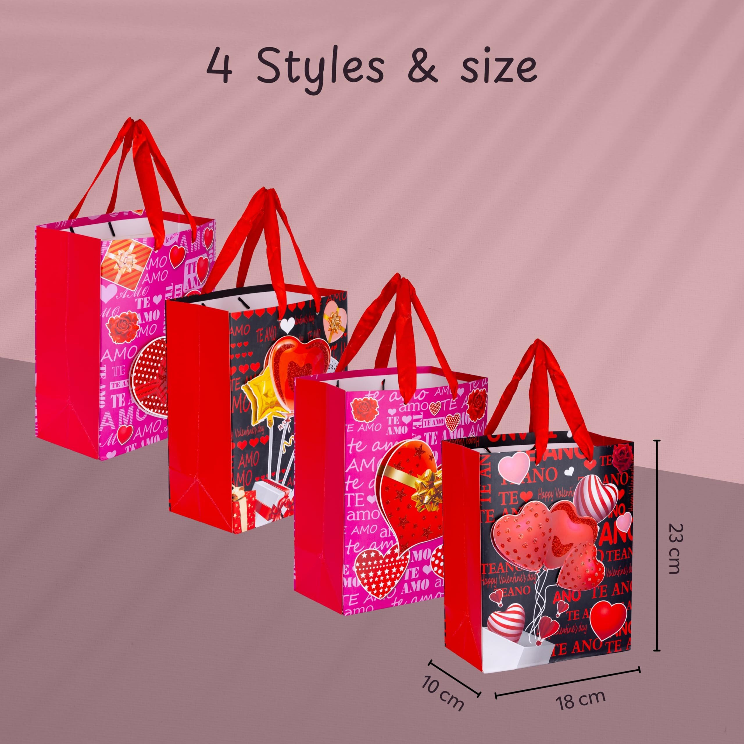 Dayanidhi 3D Printed Valentine Gift Bags|Unique Love Gift Bags With Handles|Creative Portable Paper Bags For Weddings, Anniversaries, Parties & Baby Showers (Set Of 4),Red