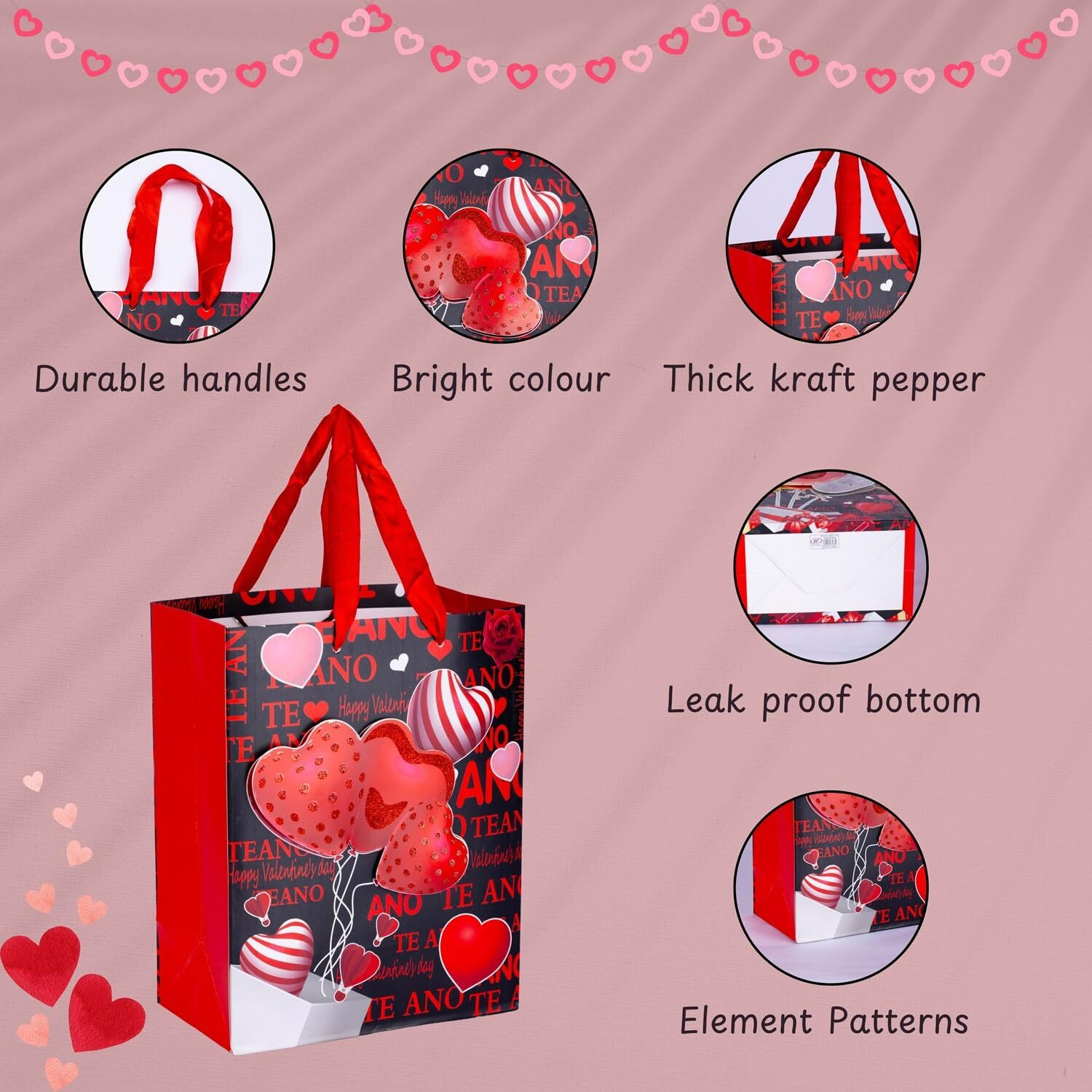 Dayanidhi 3D Printed Valentine Gift Bags|Unique Love Gift Bags With Handles|Creative Portable Paper Bags For Weddings, Anniversaries, Parties & Baby Showers (Set Of 4),Red