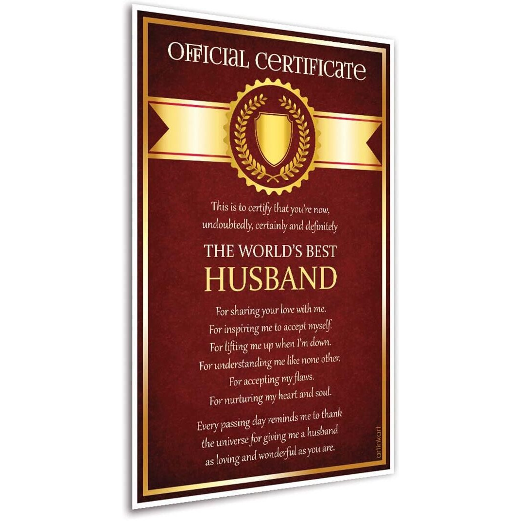 Artinkart- Best Husband Certificate, Husband Gift, Unique Gifts For Husband, Certificate Gift For Valentine Day, Anniversary, Birthday (Paper, 12X18 Inch, Multicolor, Unframed)