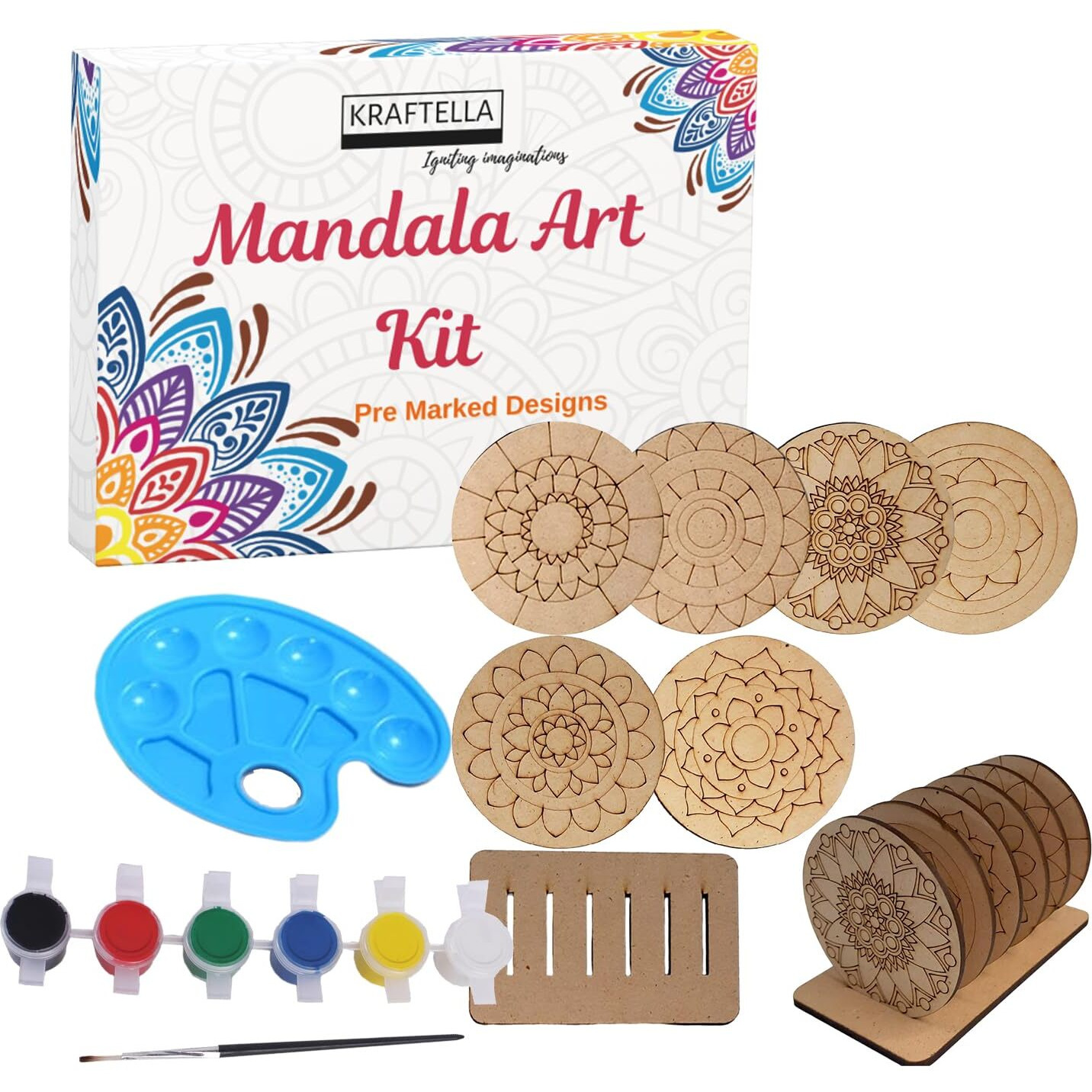 Kraftella Mandala Art Kit|Craft Materials For Mandala Art Painting Kit For Kids|Gifts For Girls Age 10-12|Gifts For Teenage Girls|Craft Kit Of Pack Of 6 Coasters With Colour Kit - Brown