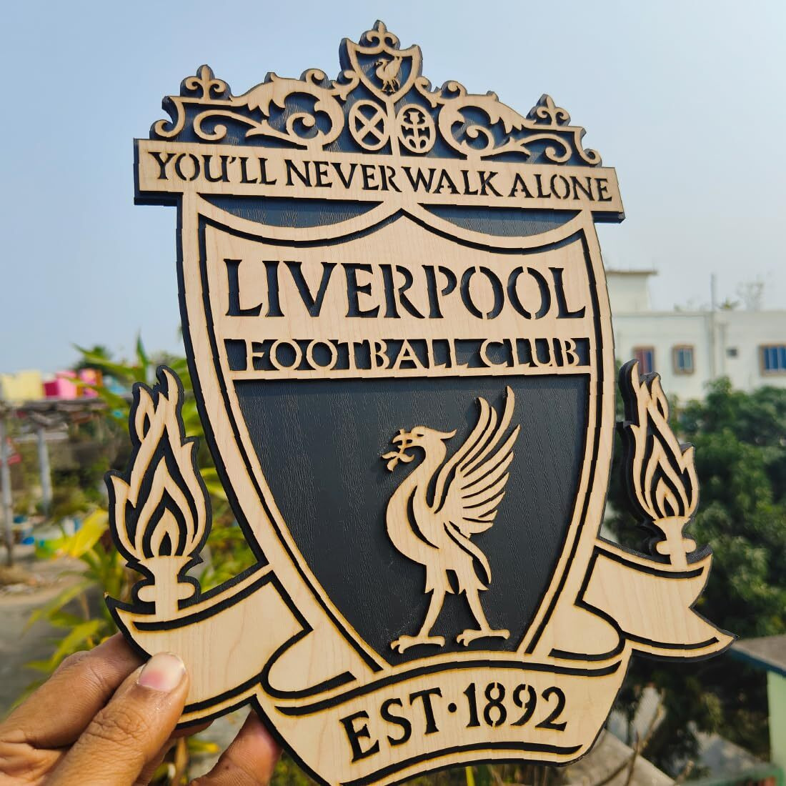 Tenorarts Liverpool Fc Merchandise Wooden Logo Crest Wall Hanging Accessories Decor Art Pieces With Matt Finish Wooden Texture (12 Inches X 12 Inches)