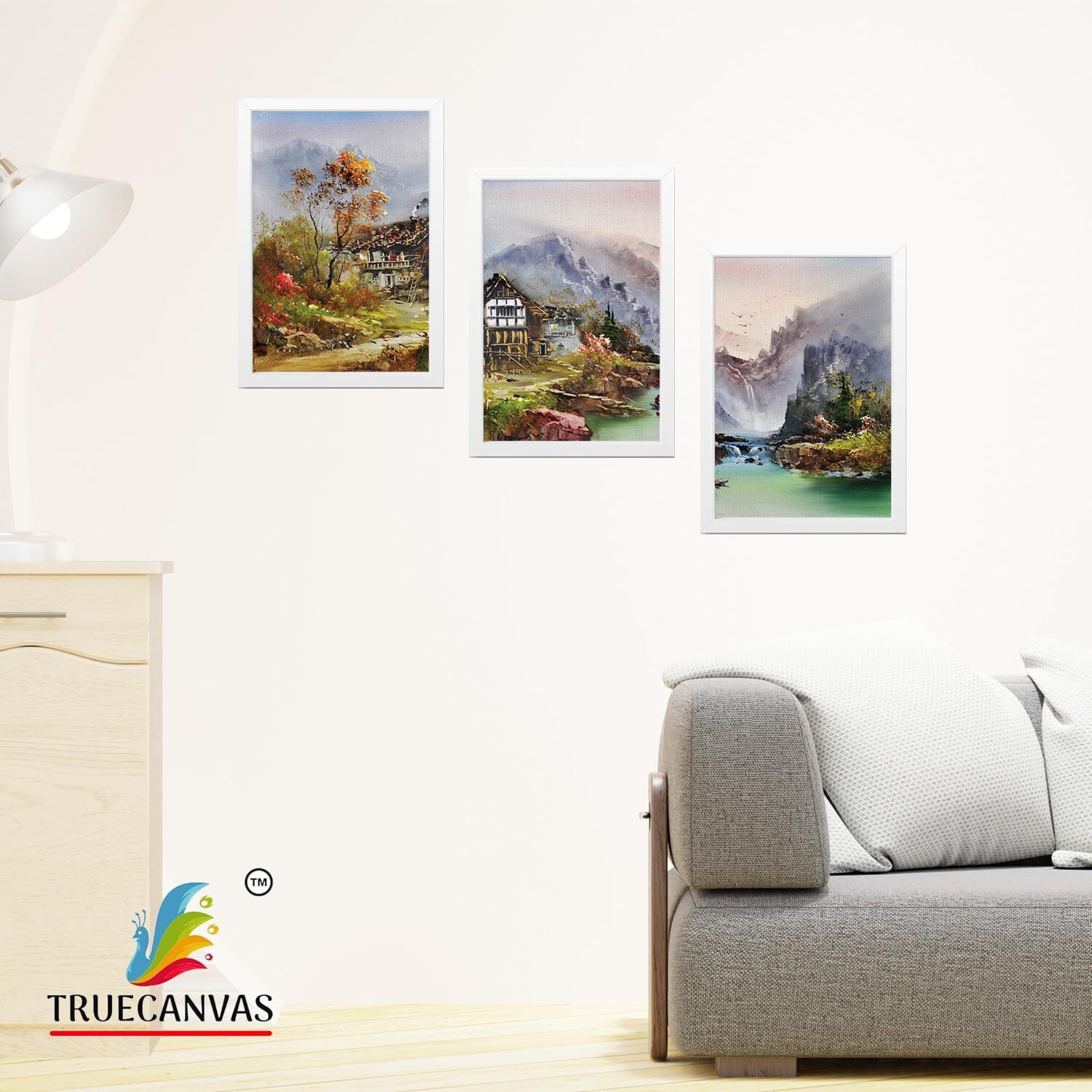 Truecanvas Abstract Canvas Painting Set Of 3 Wall Hanging Frame For Home, Living Room Gallery & Office, White, Size 13.50 X 19.50 Inch, Sf250
