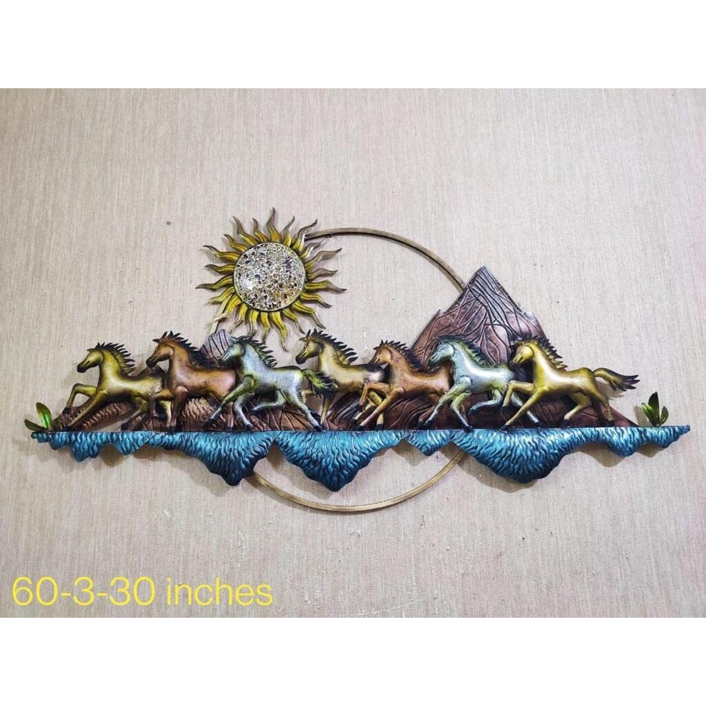 Kra Kraftee-Wall Sculptures (Rising Sun 7 Horses) Iron Wall Art For Living Room, Office, Cafe, Restaurant Etc. (60 * 02 * 30 Inch - Multicolor) W347