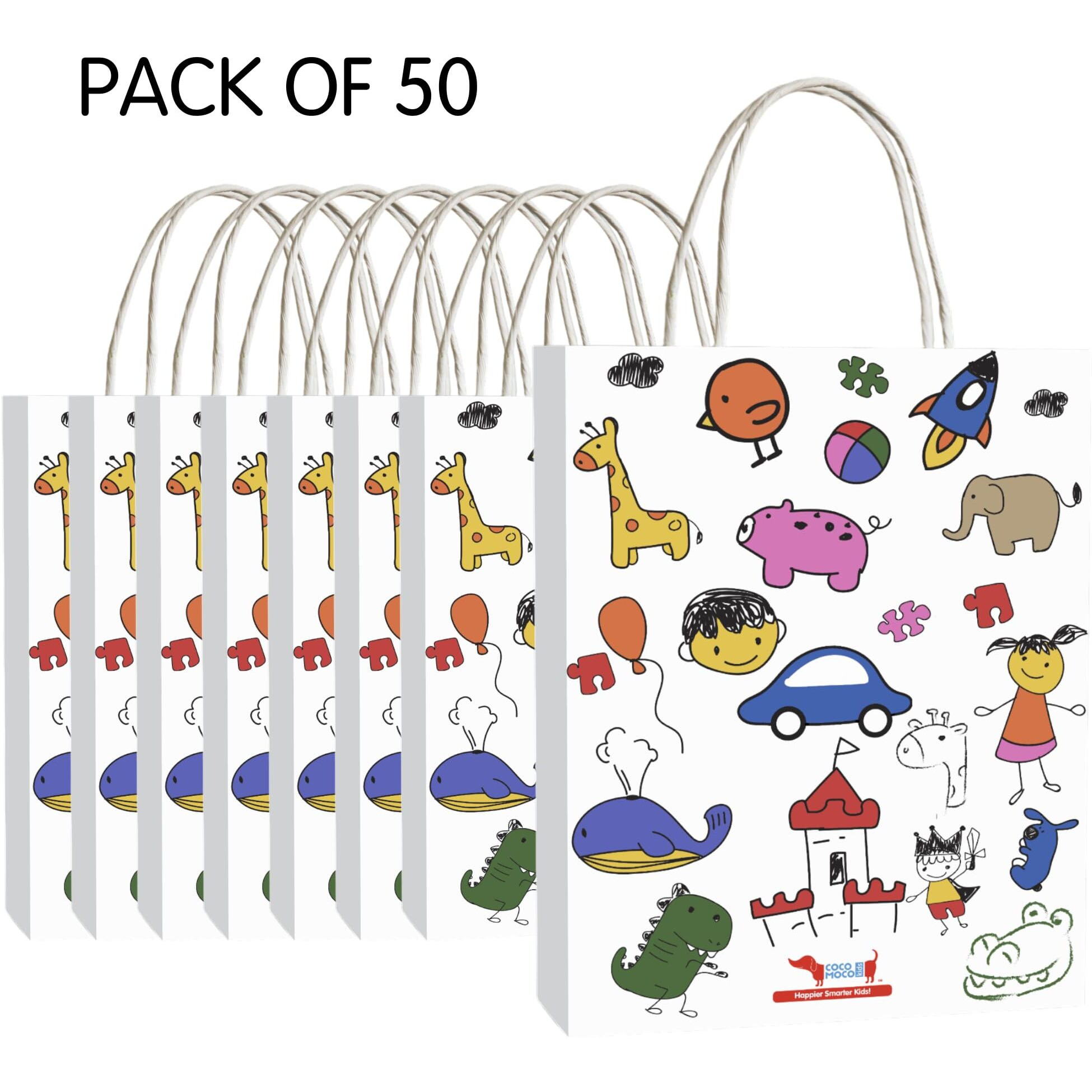 Cocomoco Kids Eco-Friendly Paper Bags For Return Gift | Pack Of 50 | Gifting Bags For Birthday, Holiday & Large Presents | Gift Bag For Kids Birthday | Printed Colourful Design Goodie Bag