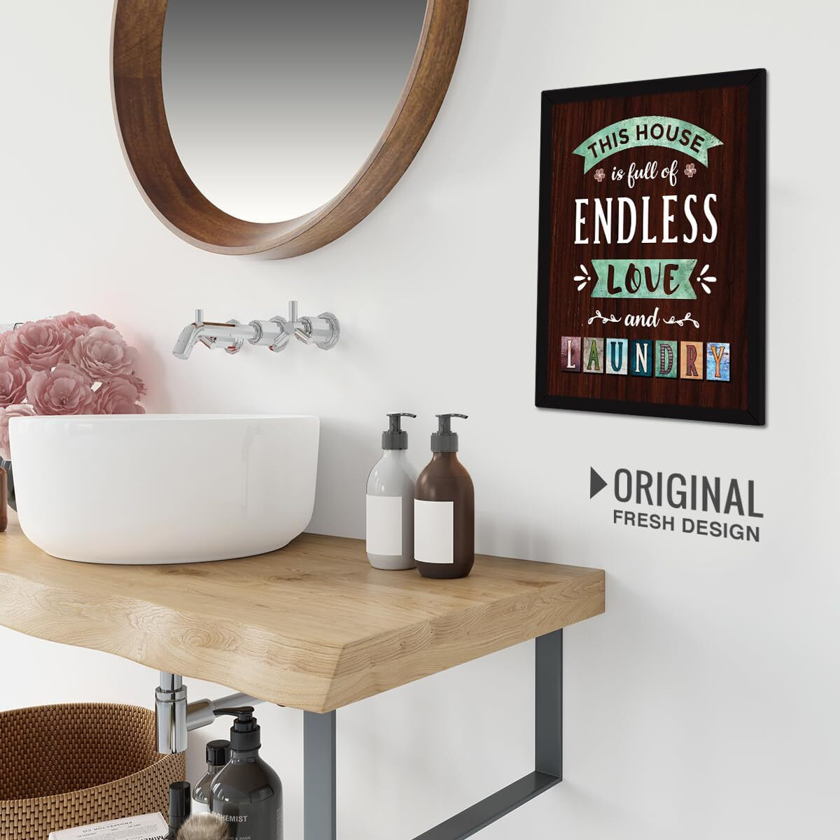 Chaka Chaundh - Laundry Room Bathroom Wall Decor - Laundry Room Wall Art - Framed Poster For Laundry Room - (14 X 11 Inches) (Wash Dry Fold Repeat - White)