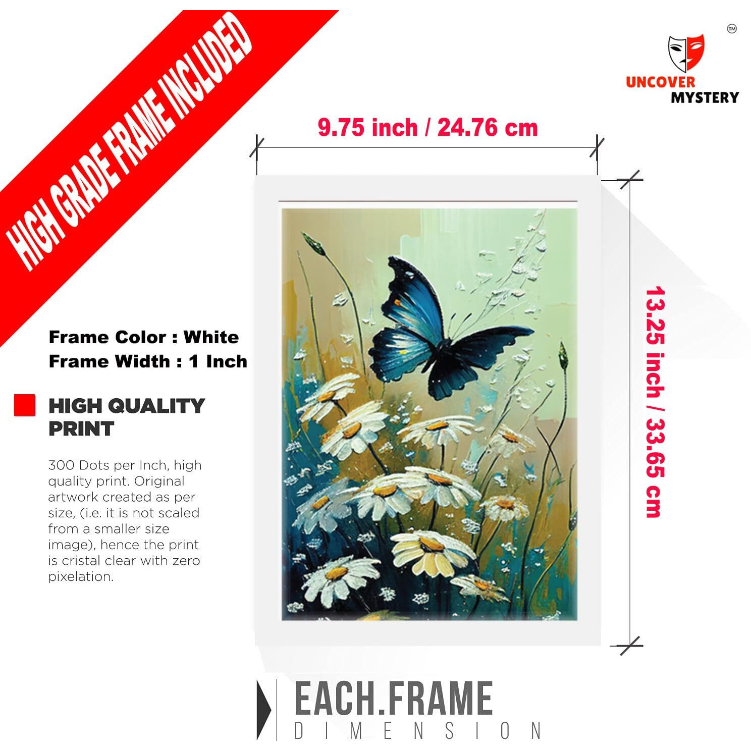 Uncover Mystery Flower & Butterfly Digital Hd Print, Framed Poster Wall Art For Home, Office, Living Room Wall Decoration, (Size - 9.75 X 13.25 In), Frame Color  -White-007