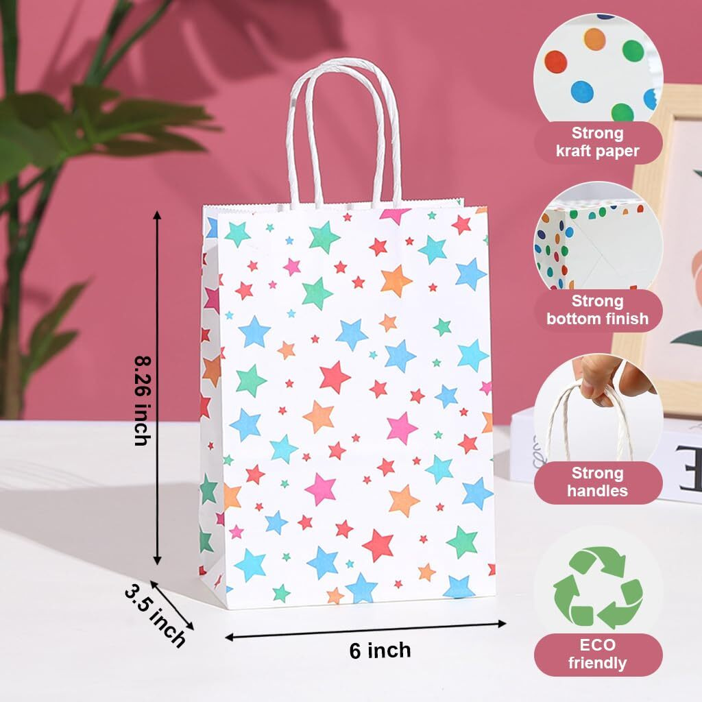 Hasthip 20Pcs Paper Gift Bags Gift Handbags Snack Bags Color Dots Strips Paper Gift Bags Colorful Paper Gift Bag For Party Favor, Birthday, Wedding Favor,Assorted