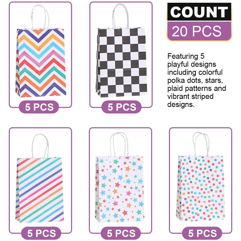 Hasthip 20Pcs Paper Gift Bags Gift Handbags Snack Bags Color Dots Strips Paper Gift Bags Colorful Paper Gift Bag For Party Favor, Birthday, Wedding Favor,Assorted