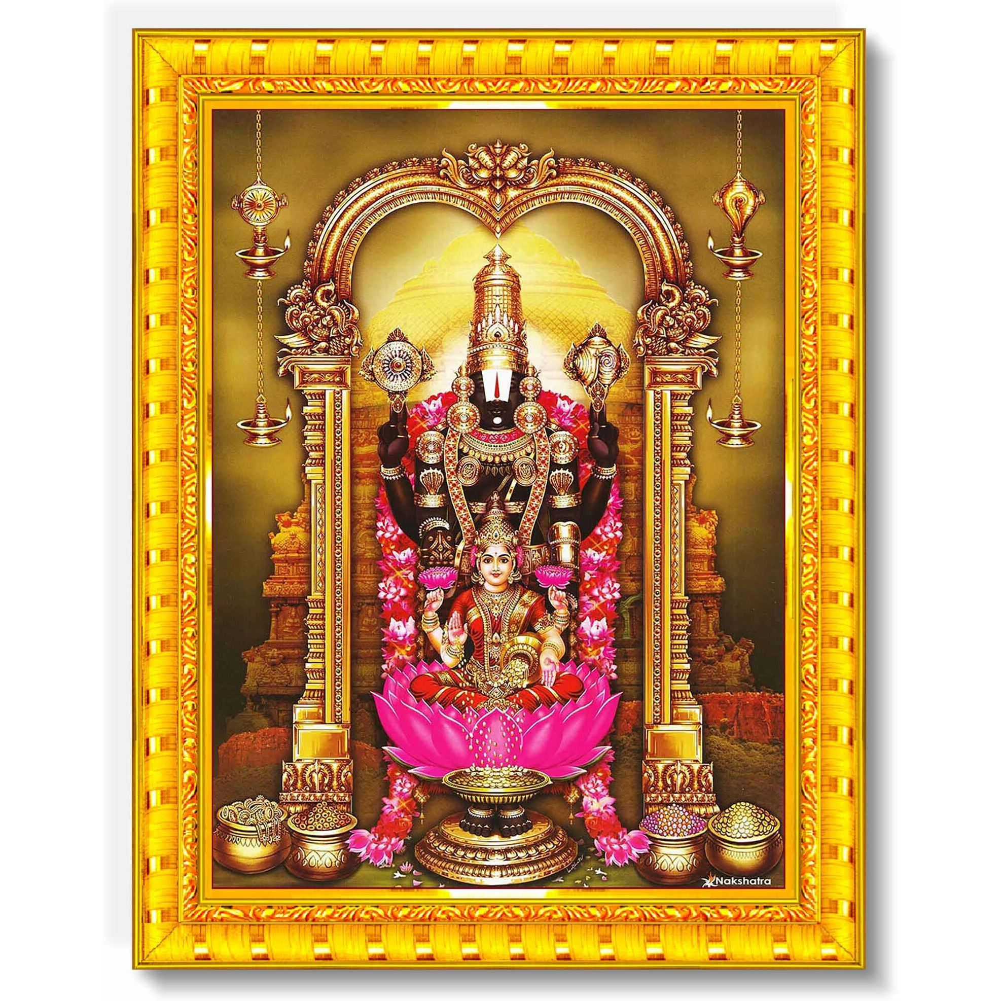 Pavan Photo Laminations Tirupati Balaji Lakshmi Venkateshwara Swamy Wall Painting Framed Home Decor (Wood,Matte,Gold,Small Size,6 X 8 Inch) R445S