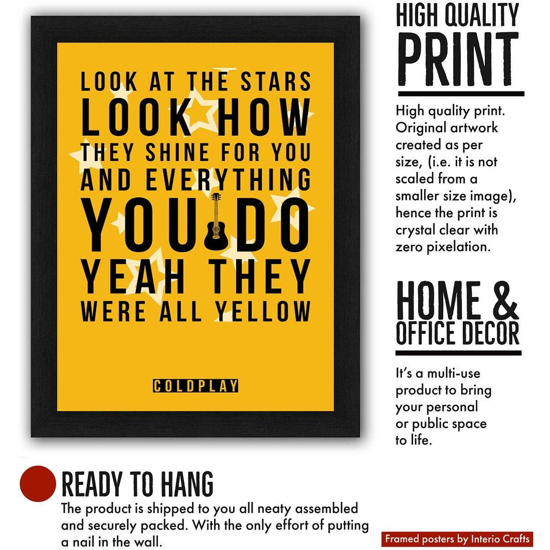 Interio Crafts Coldplay Yellow Song Lyrics Wall Art Print, Black And Yellow Typography Poster, Music Room Decor 13X10 Inches
