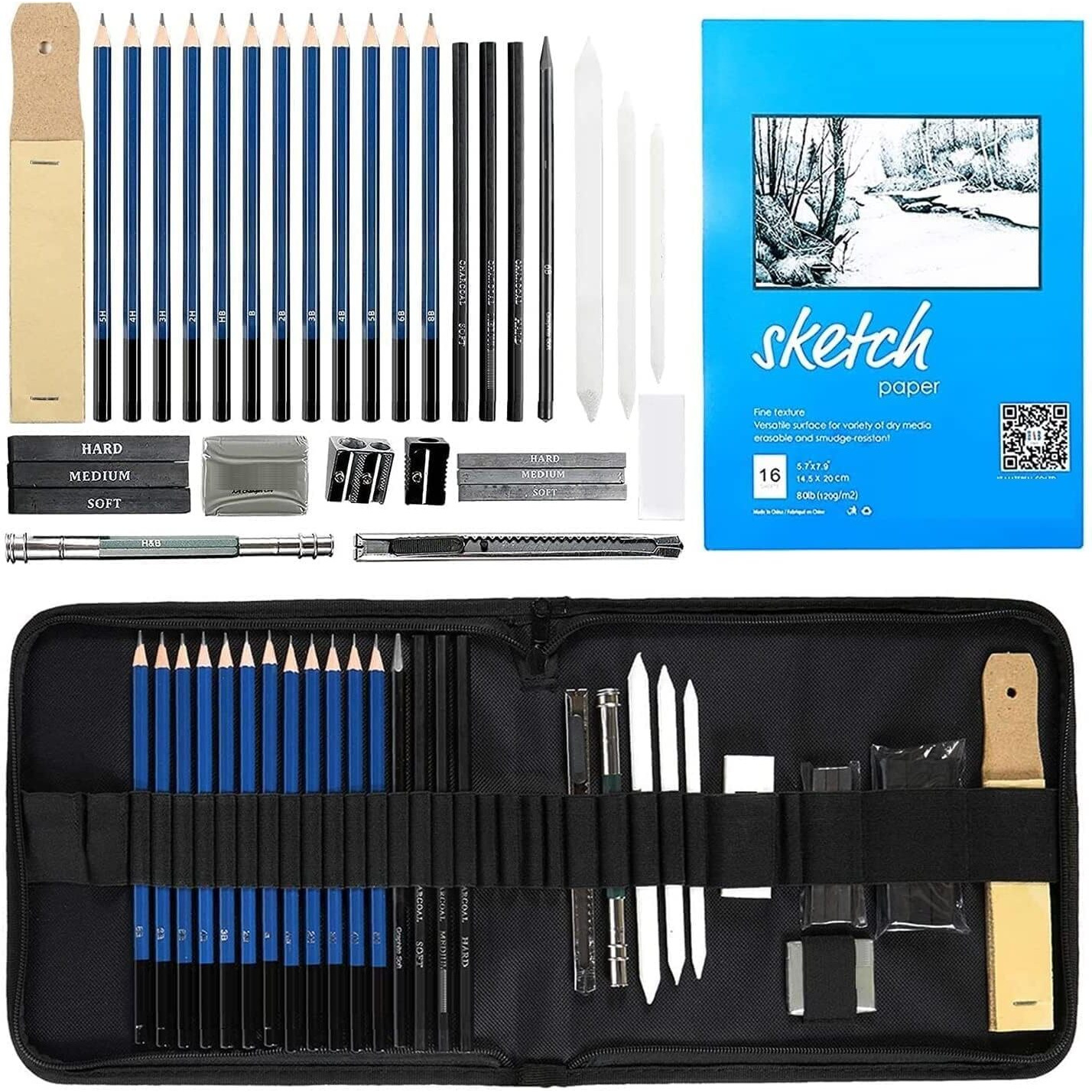 Qatalitic 35 Pcs Art Sketching Kit, Graphite & Charcoal Drawing Pencil Set With Zipper Case, Also Includes Eraser, Sketch Book & Other Tools For Artists, For Shading Sketches And Professional Drawings