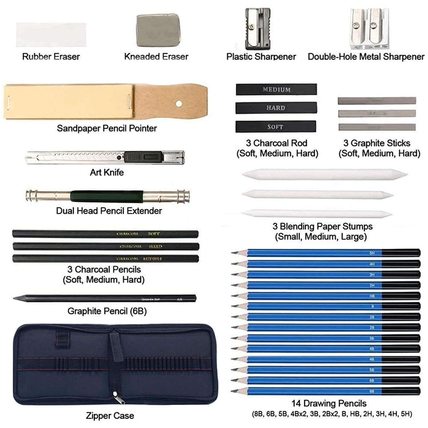 Qatalitic 35 Pcs Art Sketching Kit, Graphite & Charcoal Drawing Pencil Set With Zipper Case, Also Includes Eraser, Sketch Book & Other Tools For Artists, For Shading Sketches And Professional Drawings