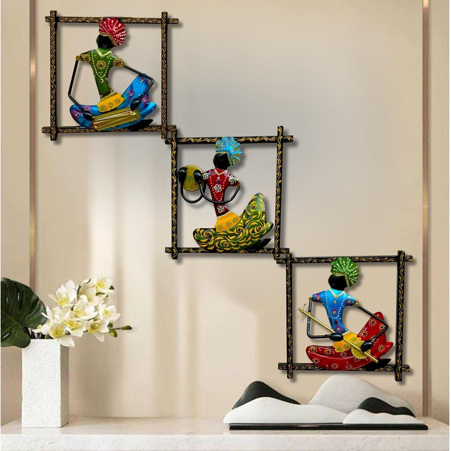 Rsn 3 Musicians Doll Metal Wall Art Frame, Wall Sculpture, Wall Hanging For Living Room, Bedroom, Dining Room, Office Home Decorative Wall Frame (Size 9X9 Inch)