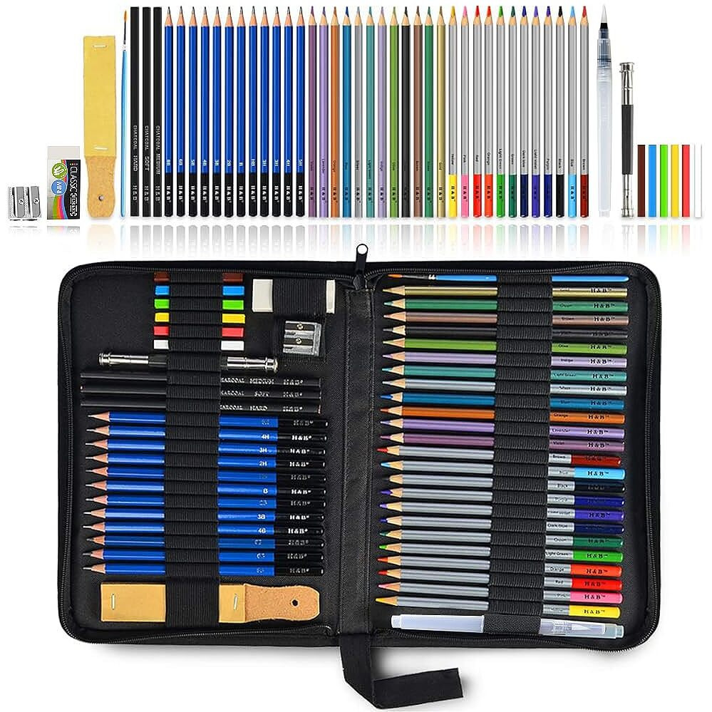 Hasthip Sketching Kit - 51Pcs Professional Sketch & Drawing Tool Kit With Zipper Case, Graphite & Colour Pencils, Charcoal, Eraser, Sharpener, Christmas Gift For Artists, Students & Hobbyists