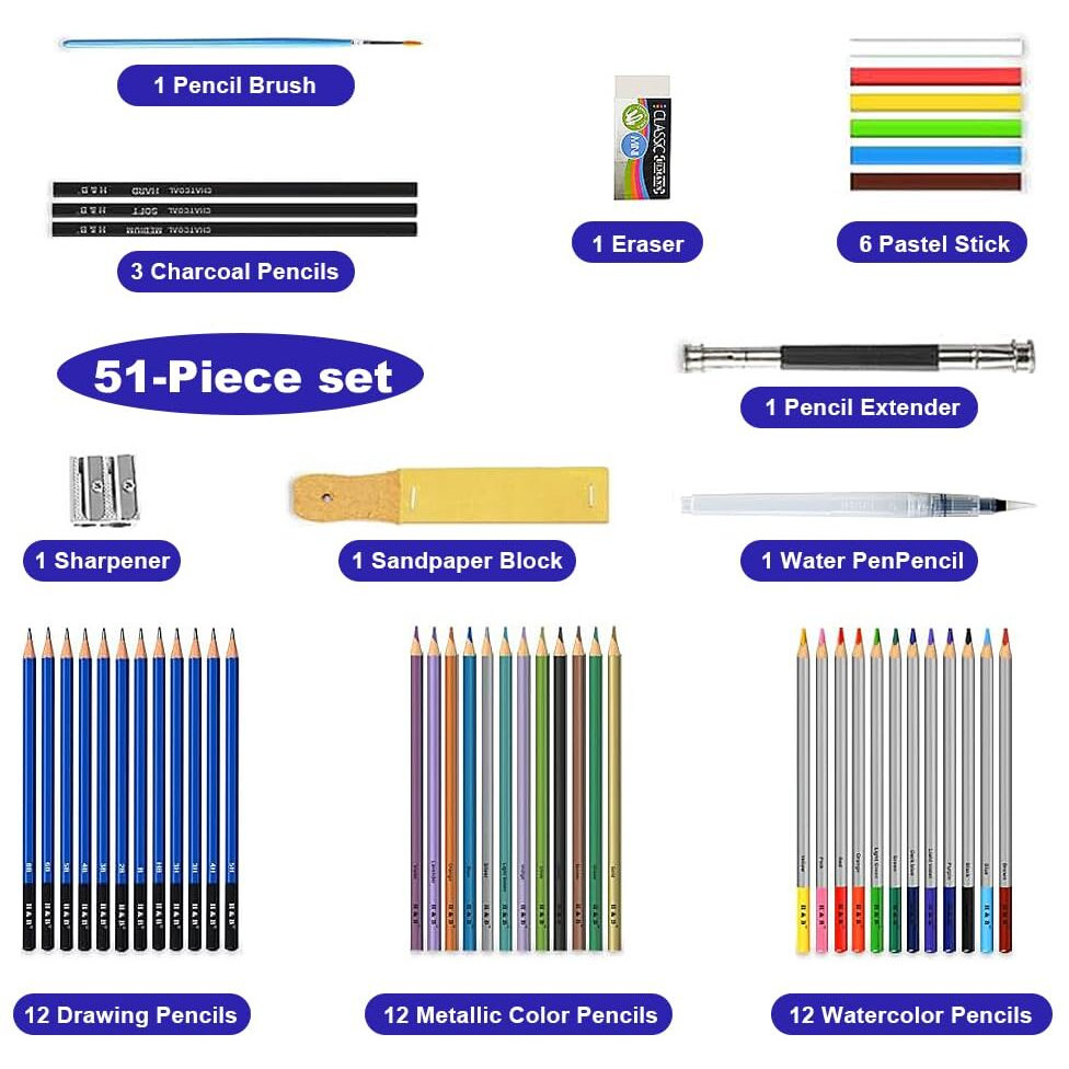 Hasthip Sketching Kit - 51Pcs Professional Sketch & Drawing Tool Kit With Zipper Case, Graphite & Colour Pencils, Charcoal, Eraser, Sharpener, Christmas Gift For Artists, Students & Hobbyists