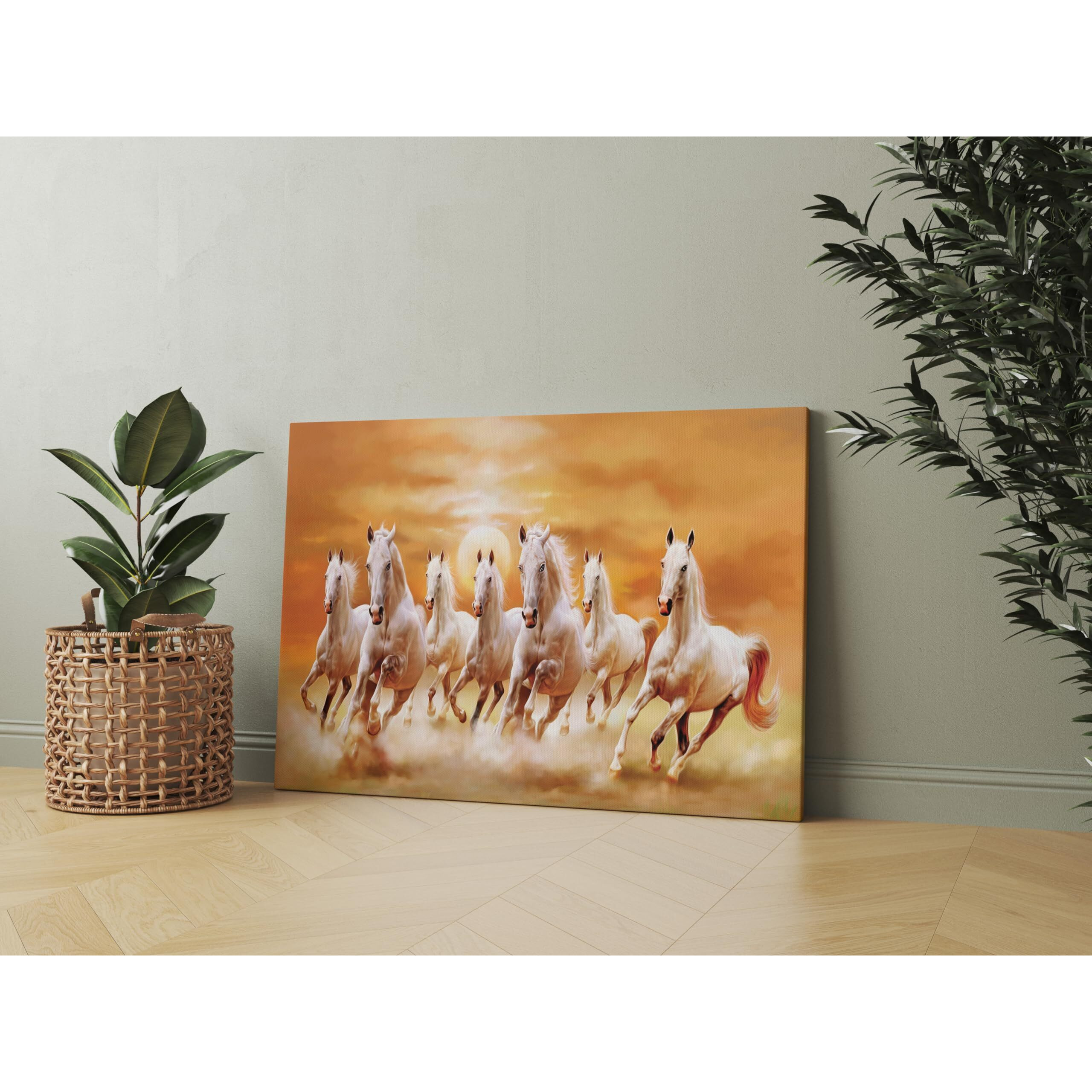 Nozvera 7 Horses Vastu Photo Frame Painting With Rising Sun Seven Horses Big Size Canvas Painting For Wall Decoration, Living Room, Home, Bedroom, Office (Design 4, 60L X 45W Cm, Wrapped Canvas)
