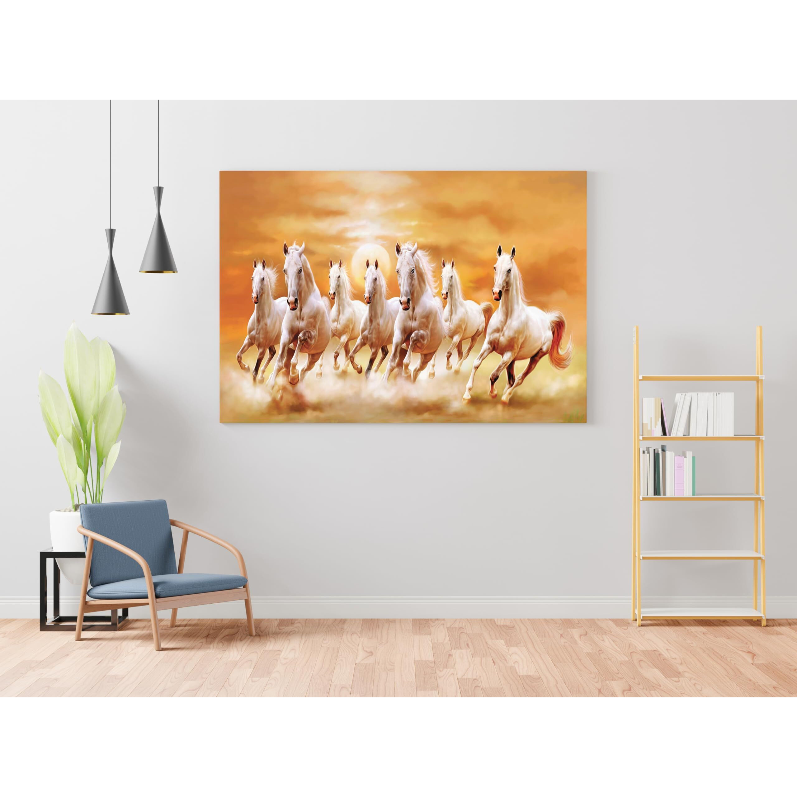 Nozvera 7 Horses Vastu Photo Frame Painting With Rising Sun Seven Horses Big Size Canvas Painting For Wall Decoration, Living Room, Home, Bedroom, Office (Design 4, 60L X 45W Cm, Wrapped Canvas)