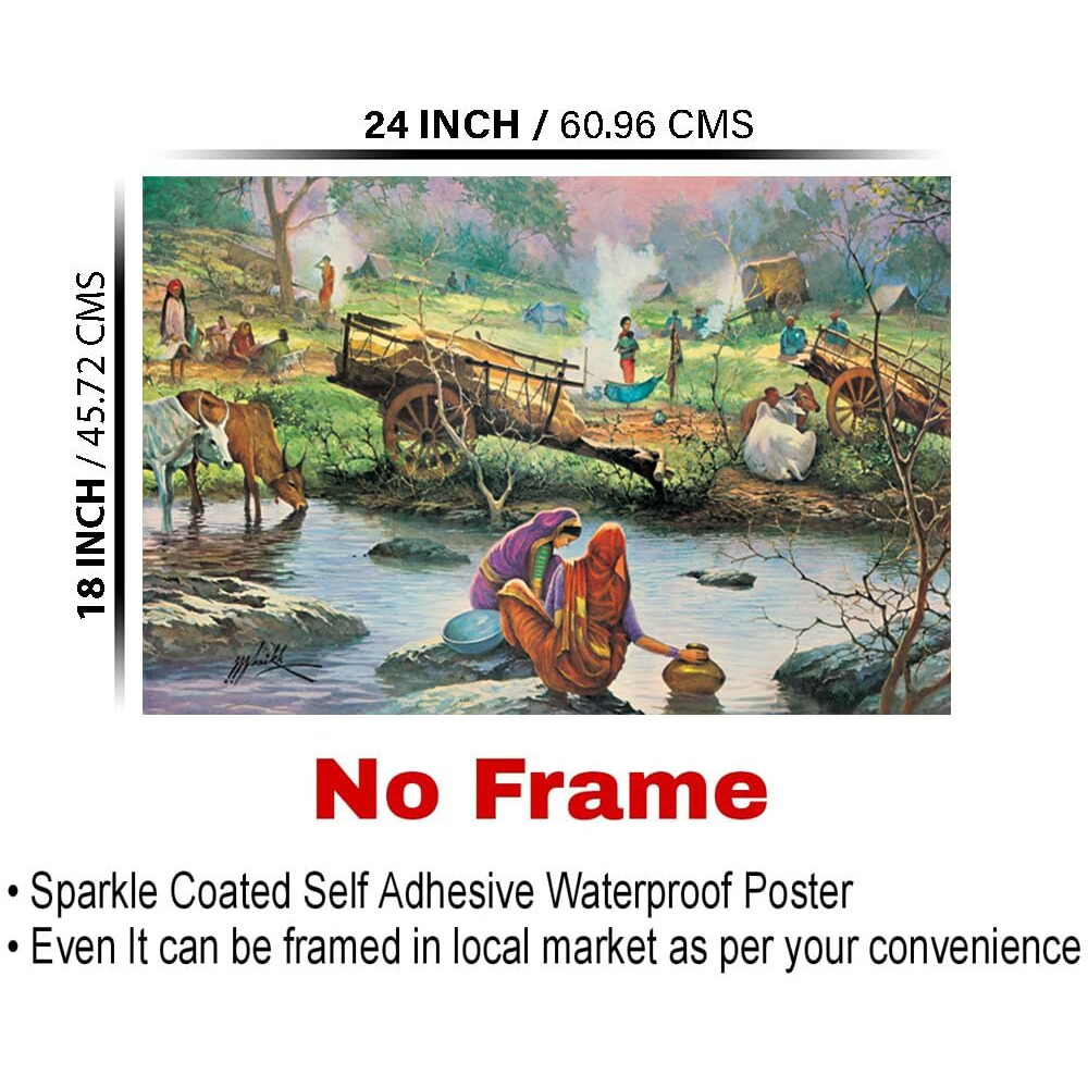 Dharvika Innovations Rajasthani Village Poster Big Size Sparkle Coated Self Adhesive Waterproof Painting Vinyl Poster Without Frame (18 X 24 Inch)-3140