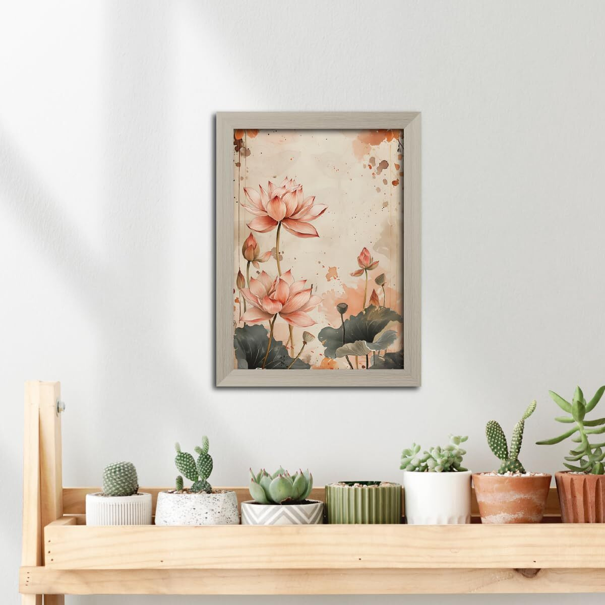 Tenorarts Lotus Photo Frame Vastu Positivity Modern Art Framed Aesthetic Wall Painting With White Wooden Texture For Living Rooms Bedroom Office - Wall Paintings/Hangings (12Inches X 9Inches)