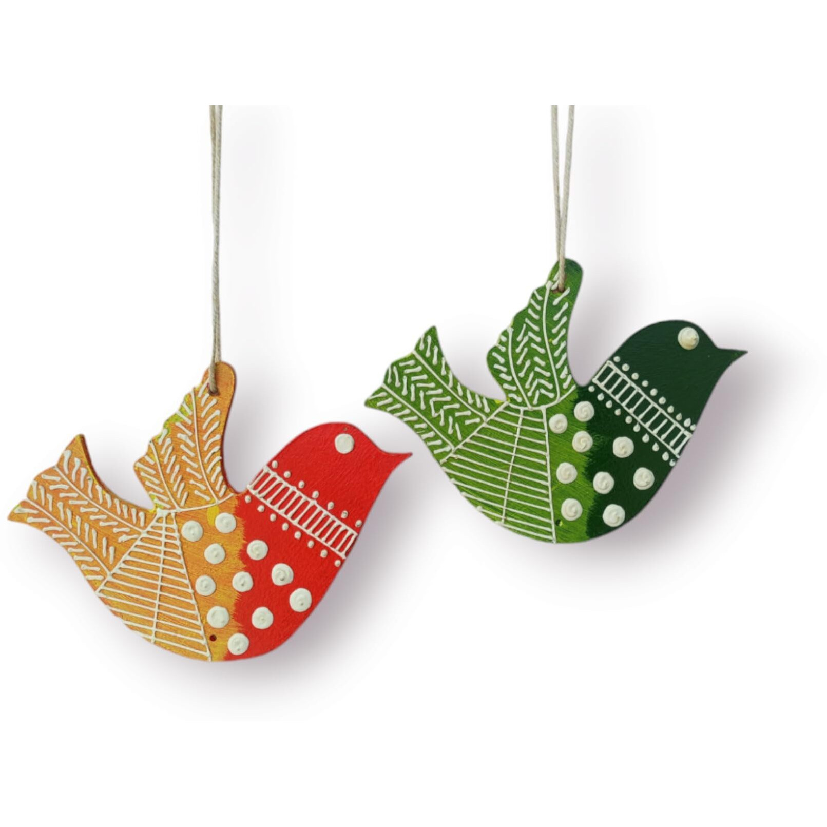 Spikezone Aaryaovation Wood Showpiece Birds Wall Hanging Green And Orange , Pack Of 2 , Small
