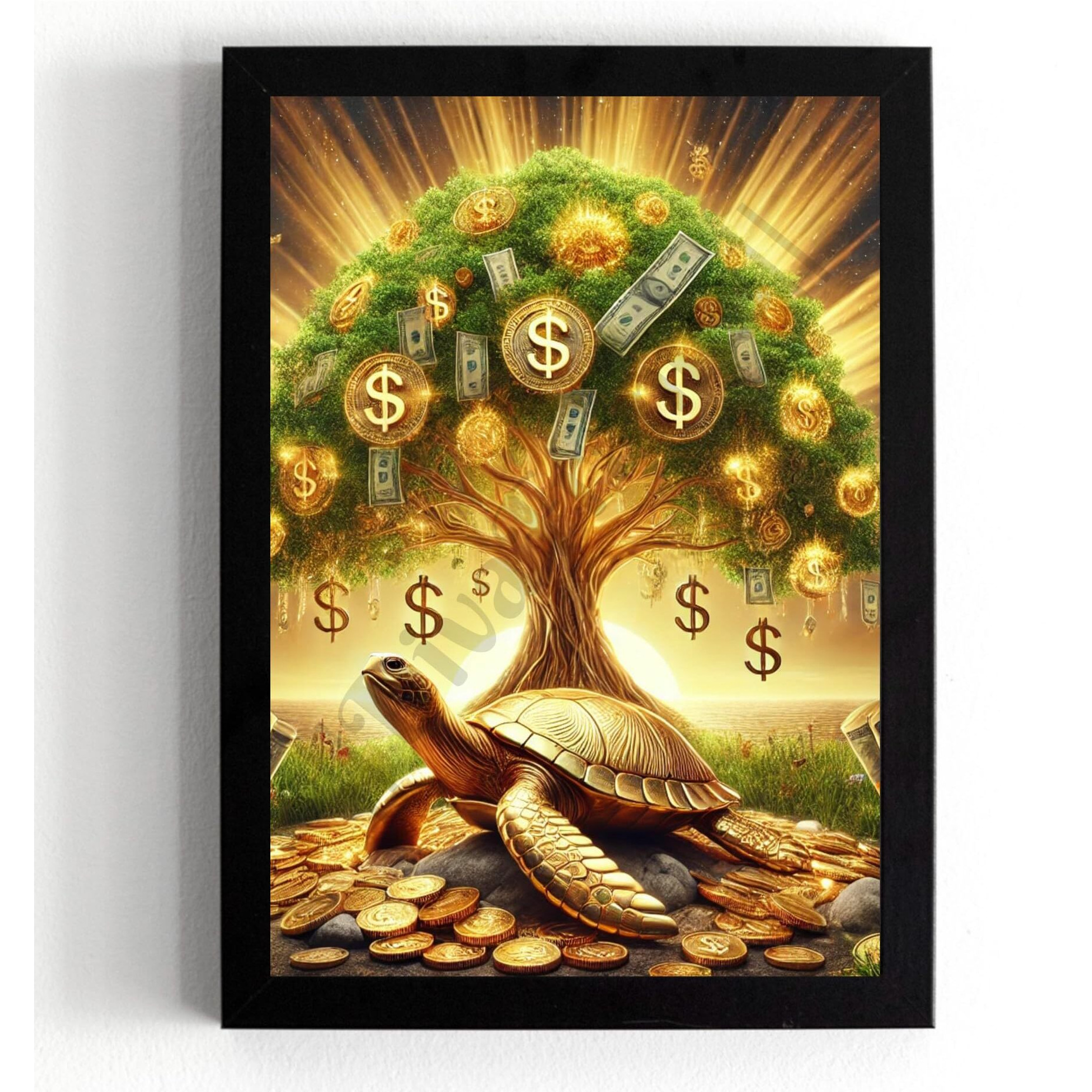Divaframes Vastu Money Tree Painting For Good Luck | Golden Money Tree Wall Art | Positive Energy Feng Shui Painting | Wooden Frame Wall Decor | 10 X 14 Inch