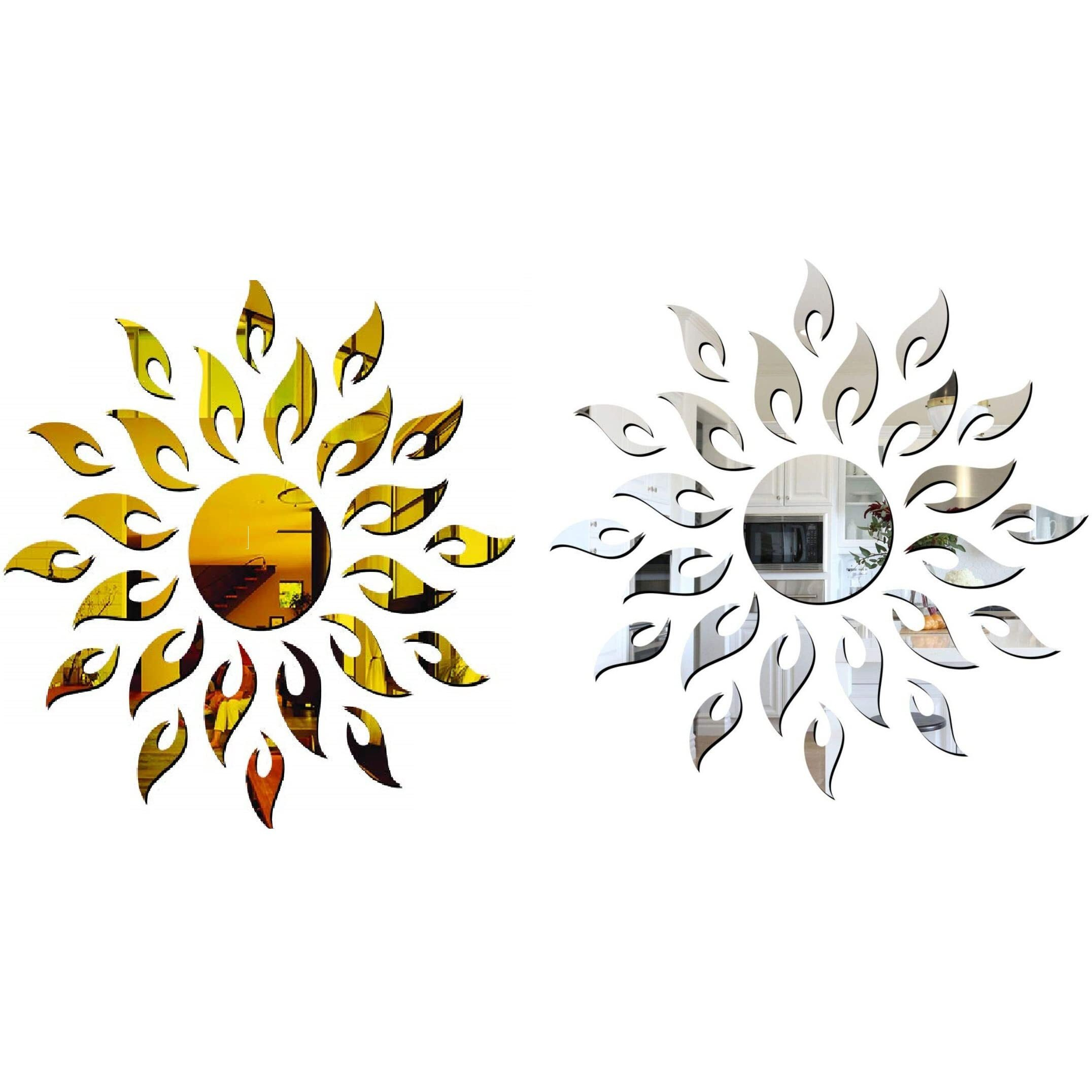 Ghar Kraft Acrylic Golden & Silver Sun With Flames 3D Wall Sticker Mirror Bedroom Decoration Wall Decals For Home, Living Room, Bedroom Decoration