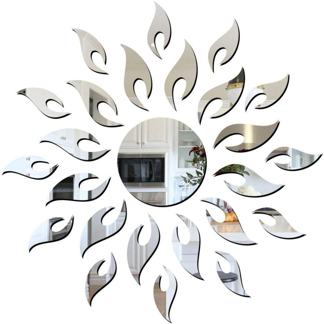 Ghar Kraft Acrylic Golden & Silver Sun With Flames 3D Wall Sticker Mirror Bedroom Decoration Wall Decals For Home, Living Room, Bedroom Decoration