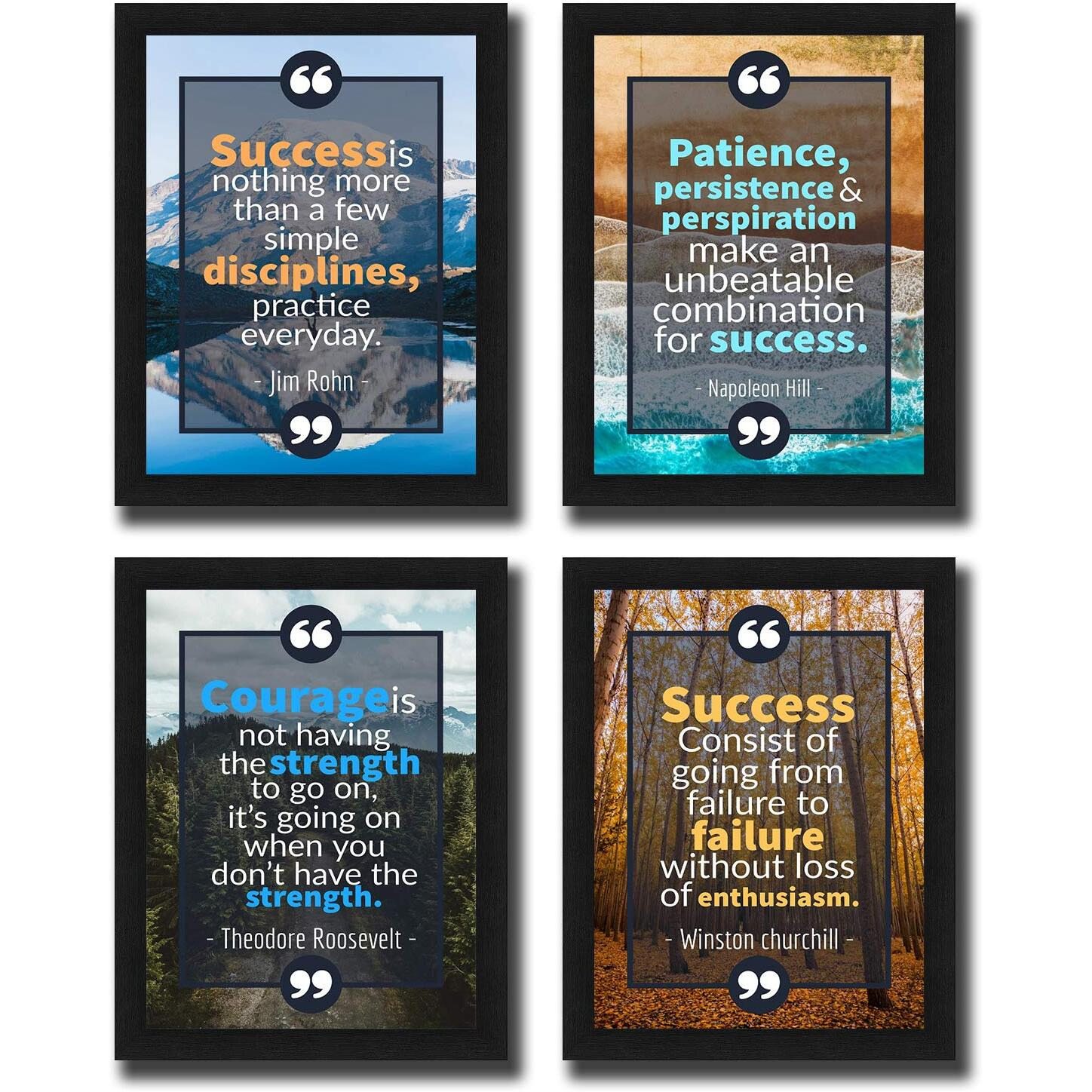 Interio Crafts Success Motivational Frame Quote Wall Decor - Inspirational Poster Art - Synthetic Wood, Black, 13 X 10, Pack Of 4