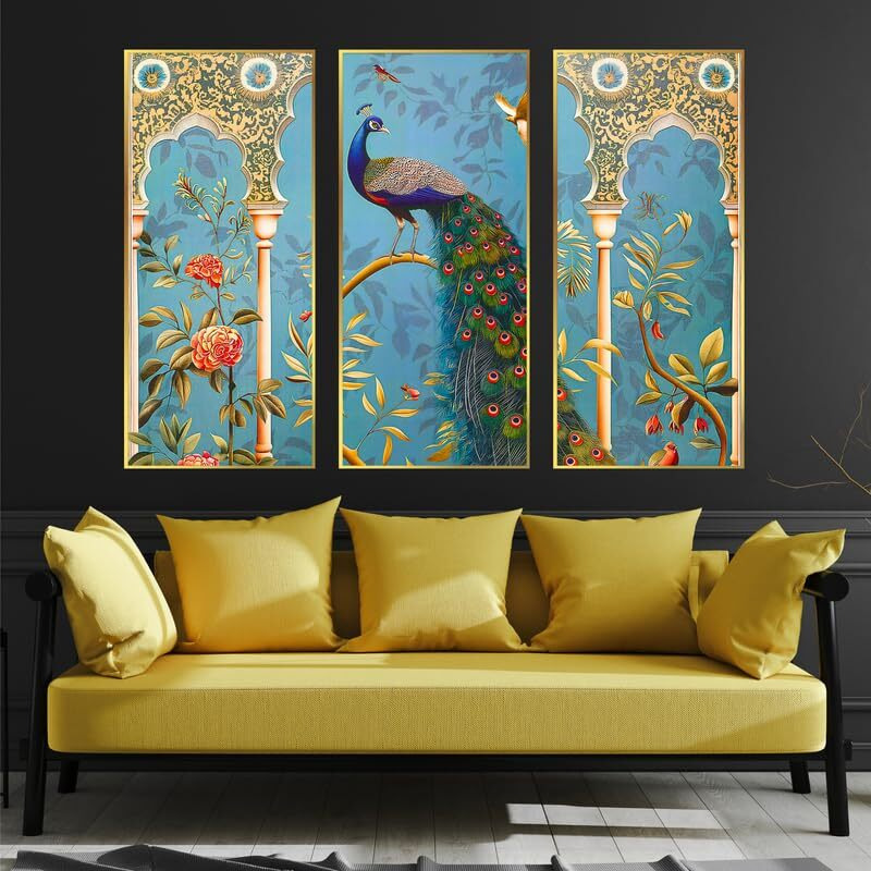 Nozvera Madhubani Wall Painting Set Of 3 Pcs  Large Framed Wall Paintings For Living Room & Bedroom, Indian Wall Art For Home Decoration & Office Decor (Design 5, 26Cm * 49Cm, Pvc Golden Frame)