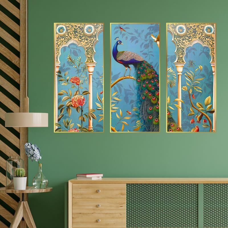 Nozvera Madhubani Wall Painting Set Of 3 Pcs  Large Framed Wall Paintings For Living Room & Bedroom, Indian Wall Art For Home Decoration & Office Decor (Design 5, 26Cm * 49Cm, Pvc Golden Frame)
