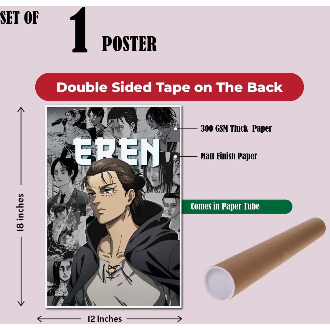 Tenorarts Eren Yeager Poster Atack On Titan Anime Wall Poster With Thick 300 Gsm Matt Finish Paper (18Inches X 12Inches)