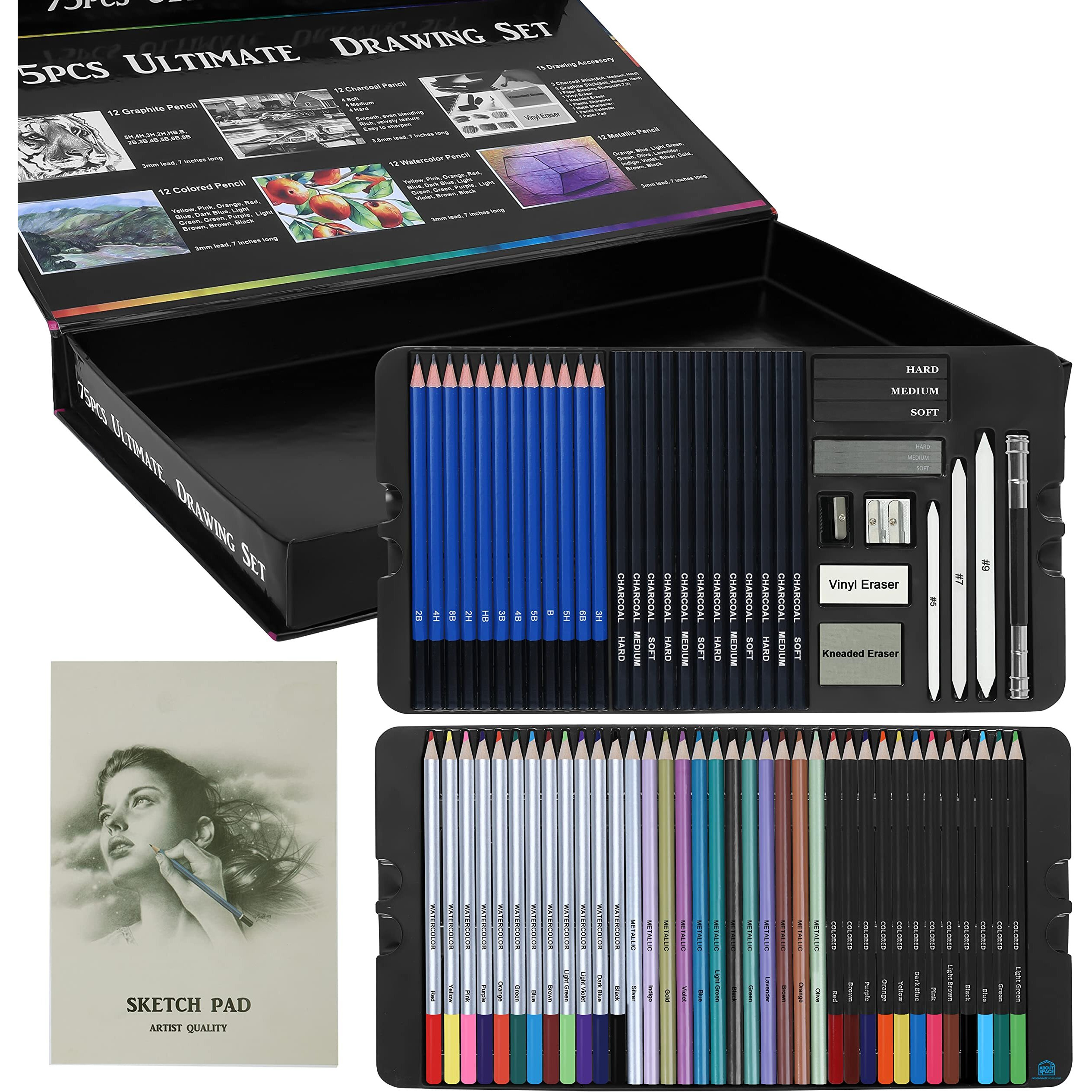 About Space Drawing Kit(75 Pcs) - Professional Graphite Water Colour Pencils Set With Sketch Book & Charcoal Metallic Sketching Kit For Artist - Art & Craft Supplies - Beginners Painting Coloring Set