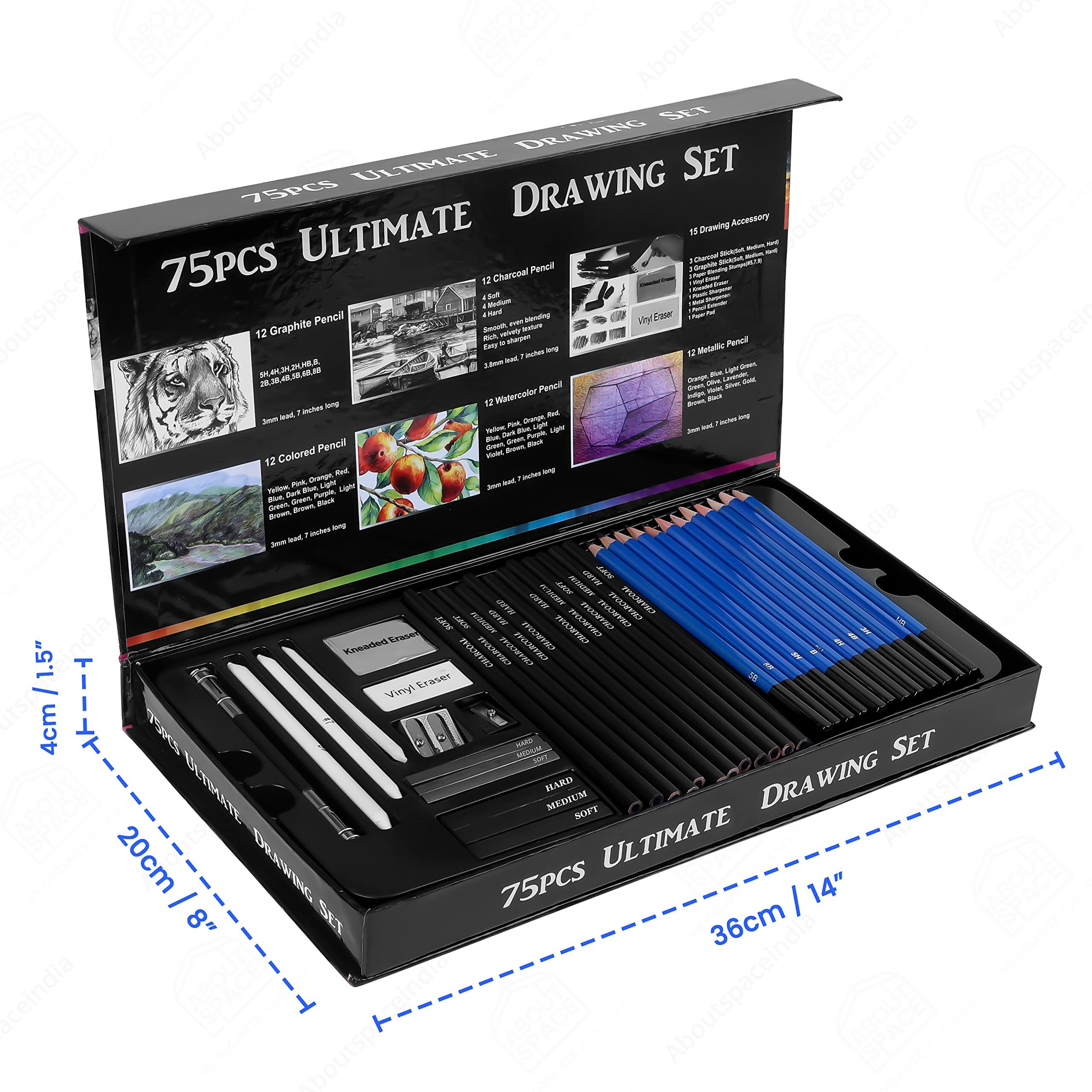 About Space Drawing Kit(75 Pcs) - Professional Graphite Water Colour Pencils Set With Sketch Book & Charcoal Metallic Sketching Kit For Artist - Art & Craft Supplies - Beginners Painting Coloring Set