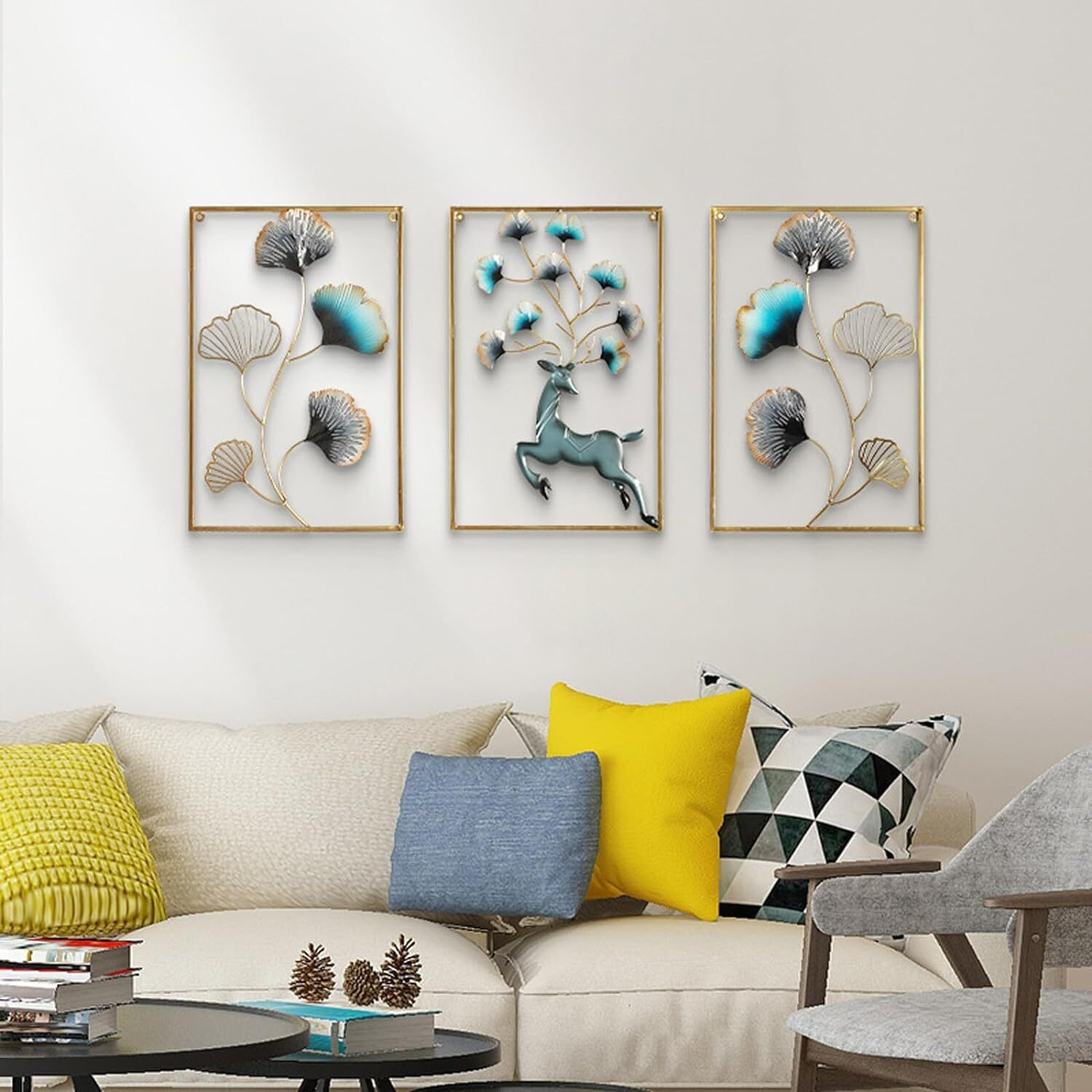 Home And Crafts - Gold Metal Wall Decor Set Of 3, Thicker Colorful Modern Hanging Leaf Wall Art, Home Decorations Leaves Room Decor Wall Sculptures For Living Room, Bedroom, Office - 3 Pack