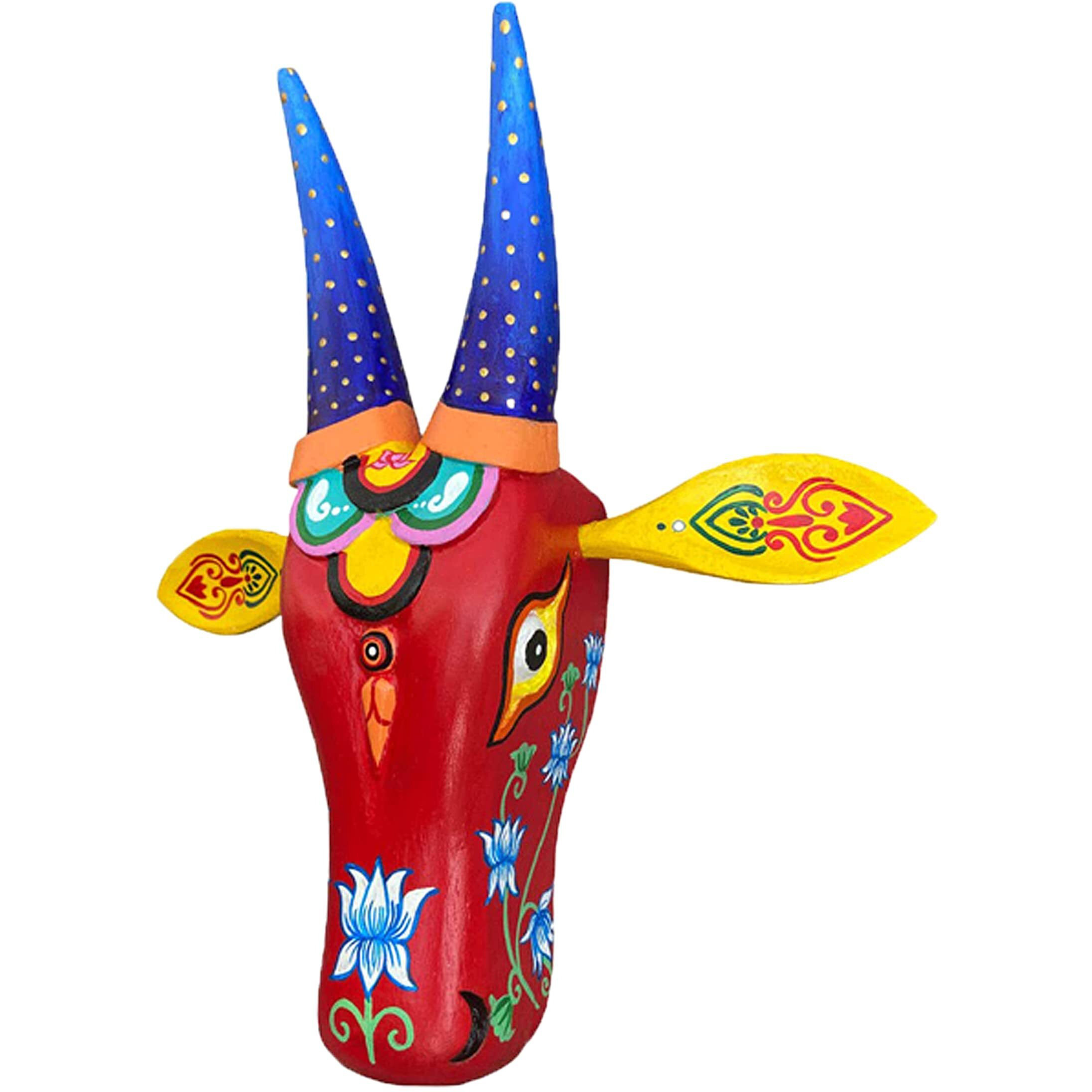Craftooba 10 Inches Ref Handpainted Cow Head Red Lotus | Bull Head | Wall Decor | Vintage Decor | Nandi | Home Decor