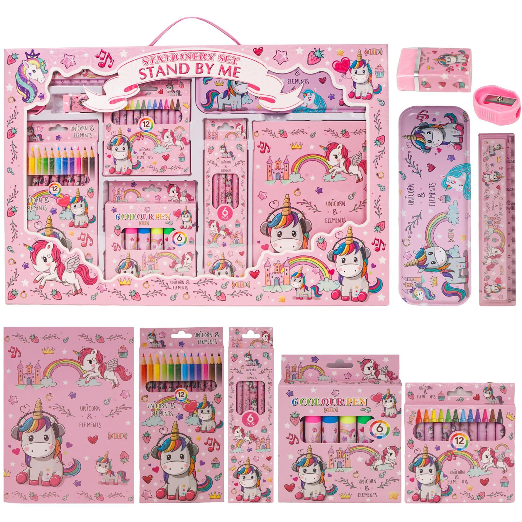 Wishkey 41 Pieces Unicorn Theme All-In-One Stationery Set, Stationery Items With Pencil Box, Notebook, Scale, Eraser, Sharpener, Crayons, Color Pencils, Color Pens, Pencils For Kids (Pink, 6+ Years)