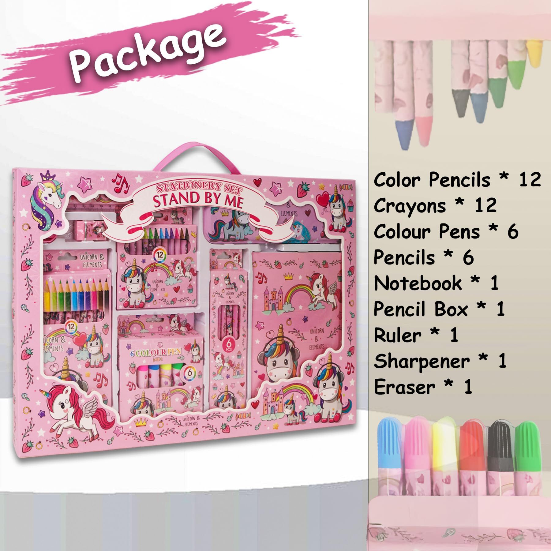 Wishkey 41 Pieces Unicorn Theme All-In-One Stationery Set, Stationery Items With Pencil Box, Notebook, Scale, Eraser, Sharpener, Crayons, Color Pencils, Color Pens, Pencils For Kids (Pink, 6+ Years)