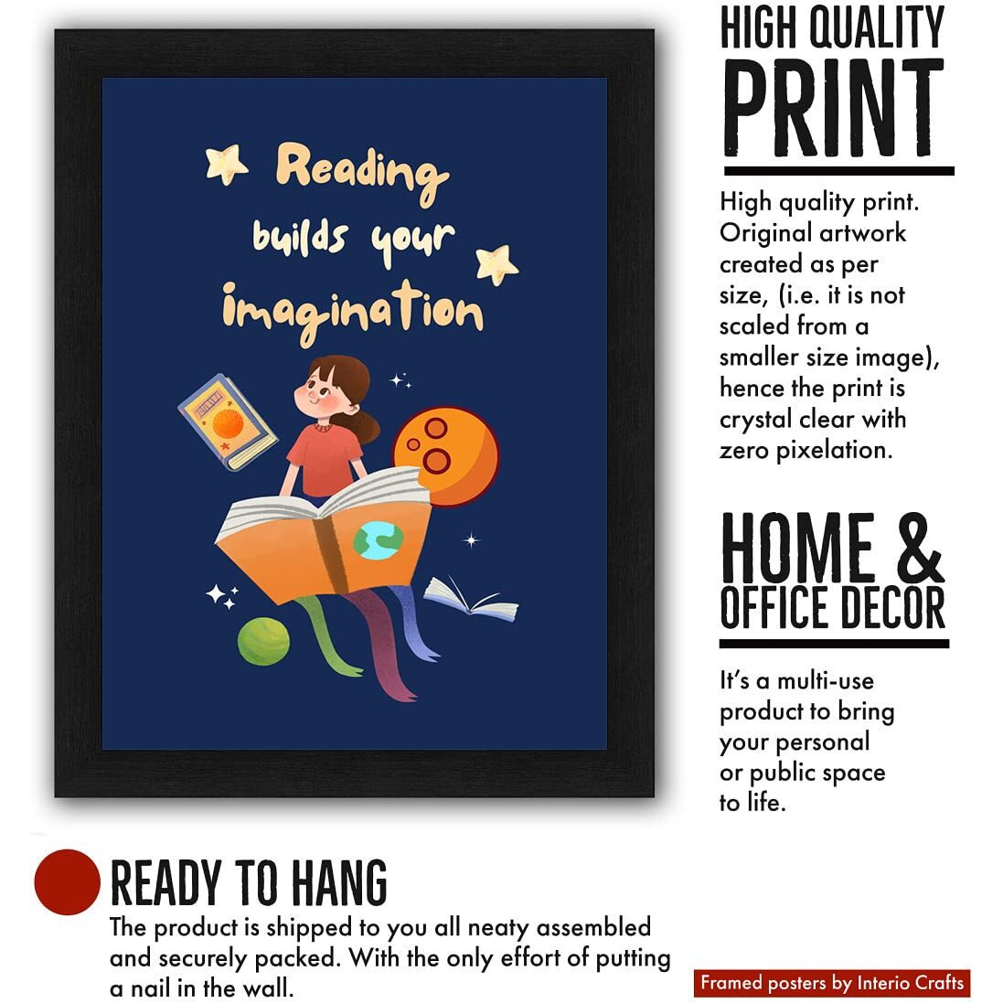 Interio Crafts Framed Poster For Readers, Quote Poster For Library And Study Room Wall Decor, Synthetic Wood, Black Frame, 13 X 10 Inches
