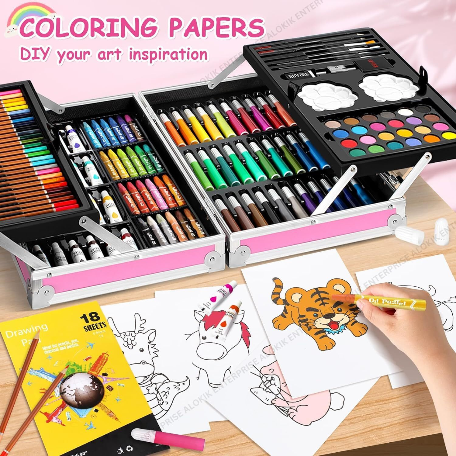 Alokik Enterprise Alokik Art Set Gift 145Pcs With Portable Aluminum Case Box Professional Artists Drawing Painting Kit For Kids Including Colored Pencils Watercolor Paints Oil Pastels