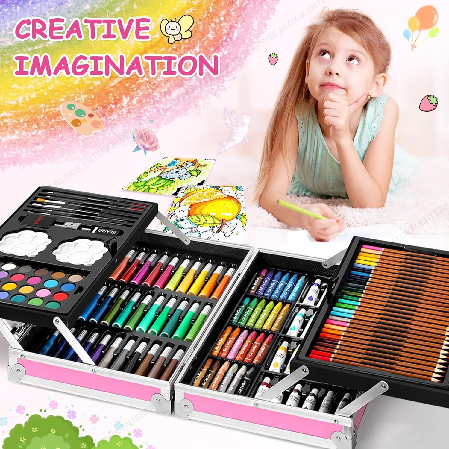 Alokik Enterprise Alokik Art Set Gift 145Pcs With Portable Aluminum Case Box Professional Artists Drawing Painting Kit For Kids Including Colored Pencils Watercolor Paints Oil Pastels