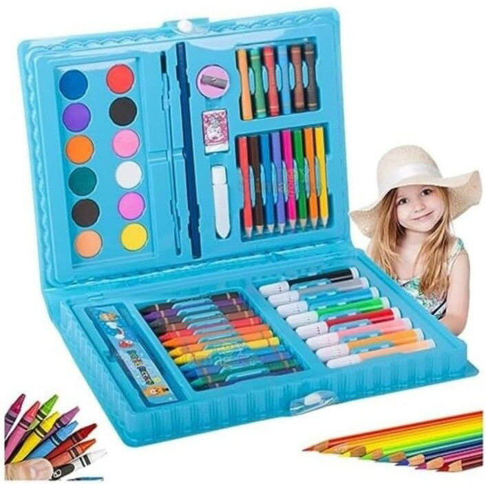 Generic 68 Pcs Art Set/Kit For Kids Drawing & Painting Set/Case Art & Craft Supplies - 12 Crayon, 8 Sketch Pens, 8 Color Pencils, 6 Oil Plaster Colour, 12 Water Color For Boys & Girls - Blue