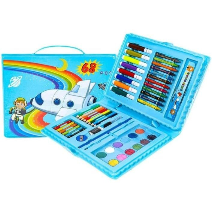 Generic 68 Pcs Art Set/Kit For Kids Drawing & Painting Set/Case Art & Craft Supplies - 12 Crayon, 8 Sketch Pens, 8 Color Pencils, 6 Oil Plaster Colour, 12 Water Color For Boys & Girls - Blue
