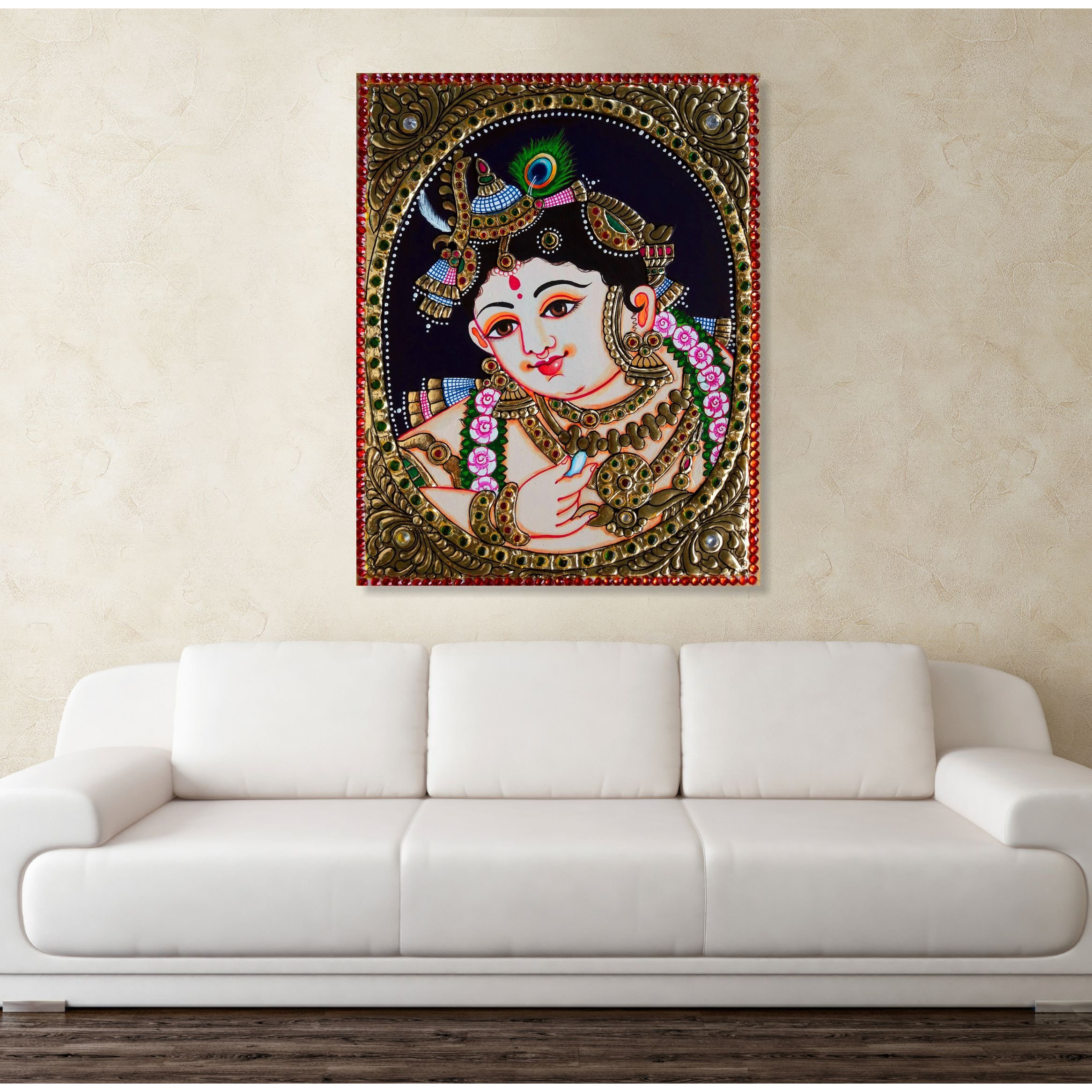 Printelligent Canvas Shri Krishna Tanjore Painting (Medium/18.9 X 24 Inch, Multicolour)