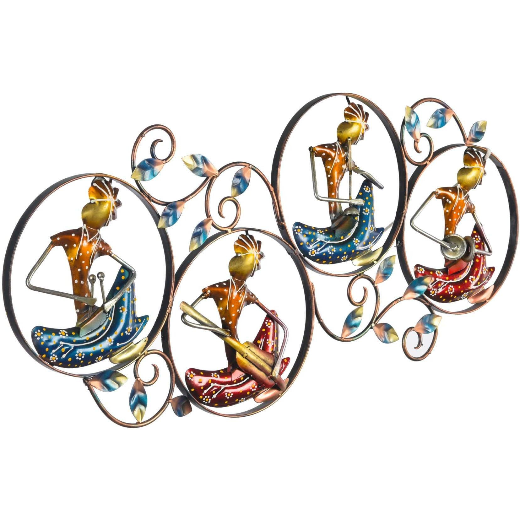 Collectible India Metal Wall Hanging Decor, Tribal Art Wall Mounted Sculpture Playing Musician Lady Frame Arts Home Office Restaurant Decor(Size 30 X 14 Inches, Multi-Color)