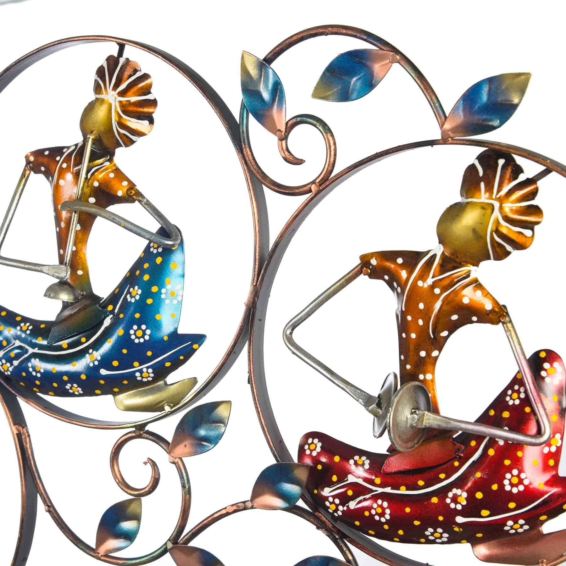 Collectible India Metal Wall Hanging Decor, Tribal Art Wall Mounted Sculpture Playing Musician Lady Frame Arts Home Office Restaurant Decor(Size 30 X 14 Inches, Multi-Color)